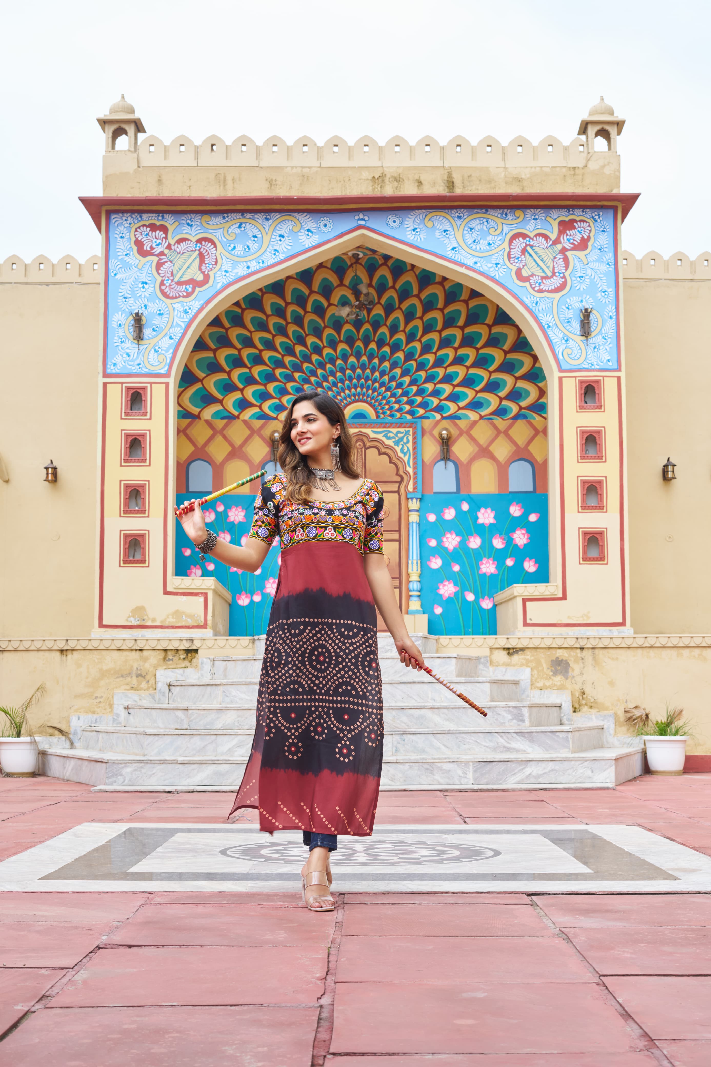 Black rayon kurti with traditional Kutchi Gamthi embroidery and printed details