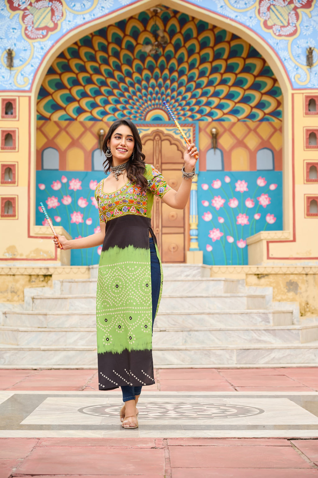 Prazu Fashion Light Green Rayon Printed With Kutchi Gamthi Work Navaratri Kurti