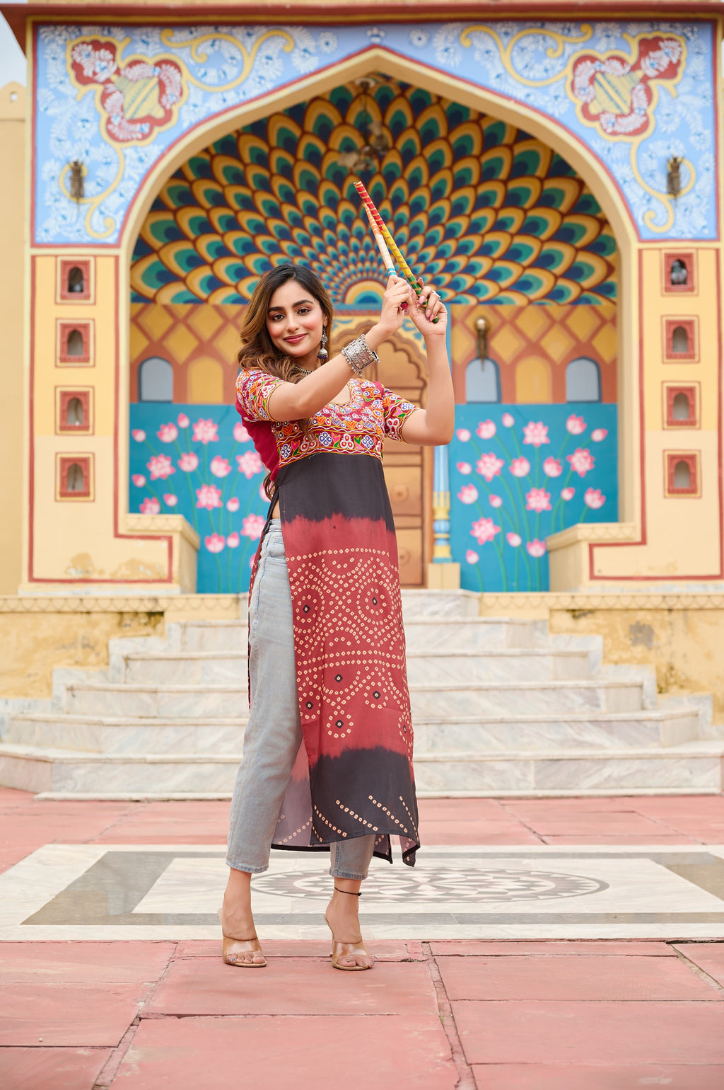 Maroon Rayon Printed Kurti with Kutchi Gamthi Embroidery