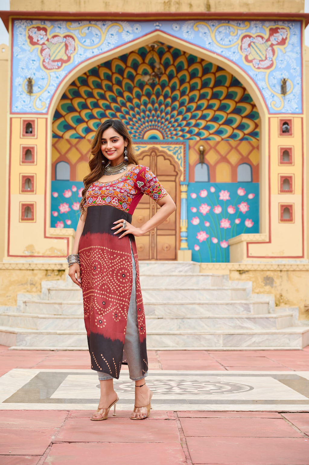 Maroon Rayon Printed Kurti with Kutchi Gamthi Embroidery