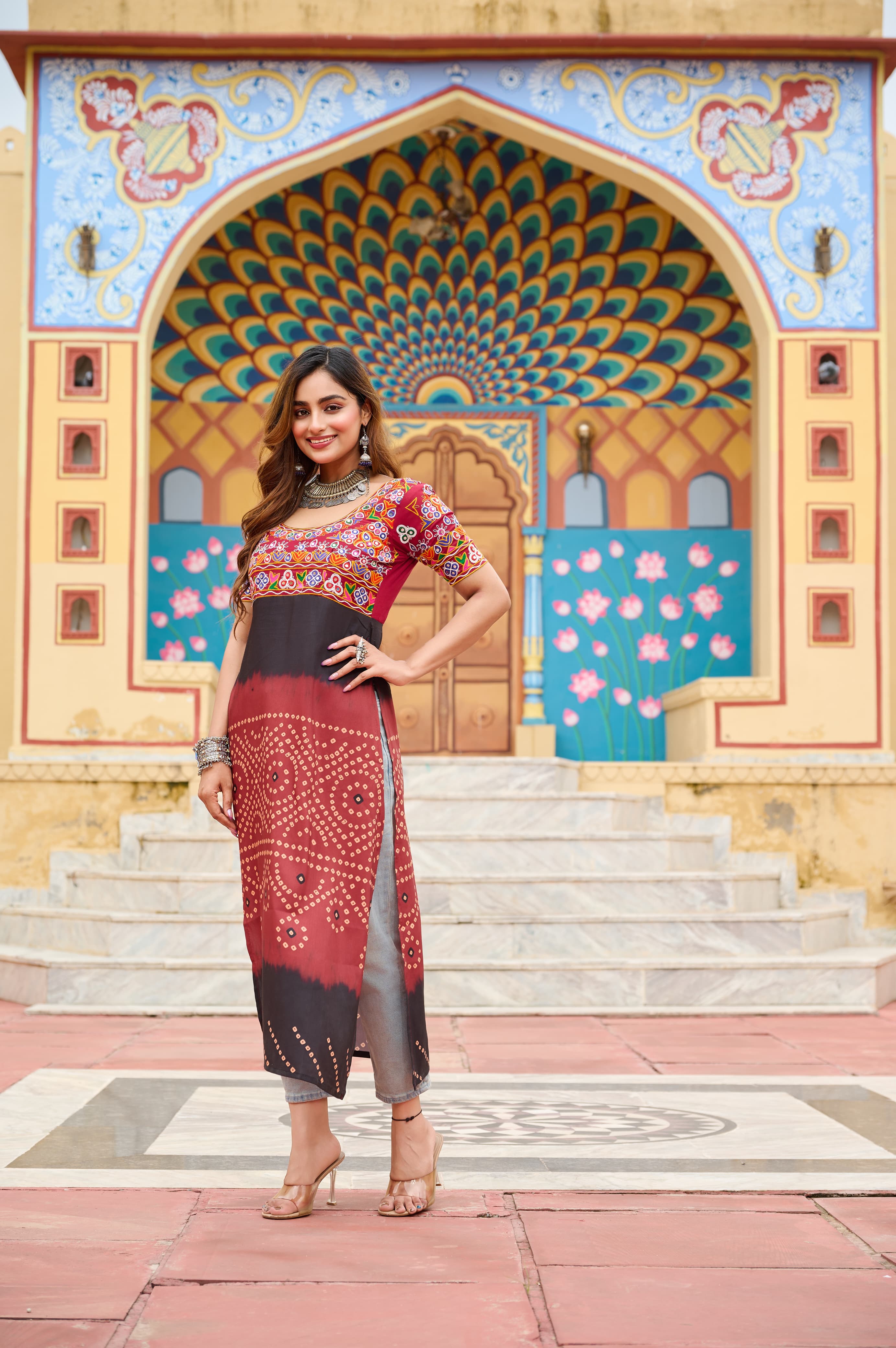Maroon Rayon Printed Kurti with Kutchi Gamthi Embroidery