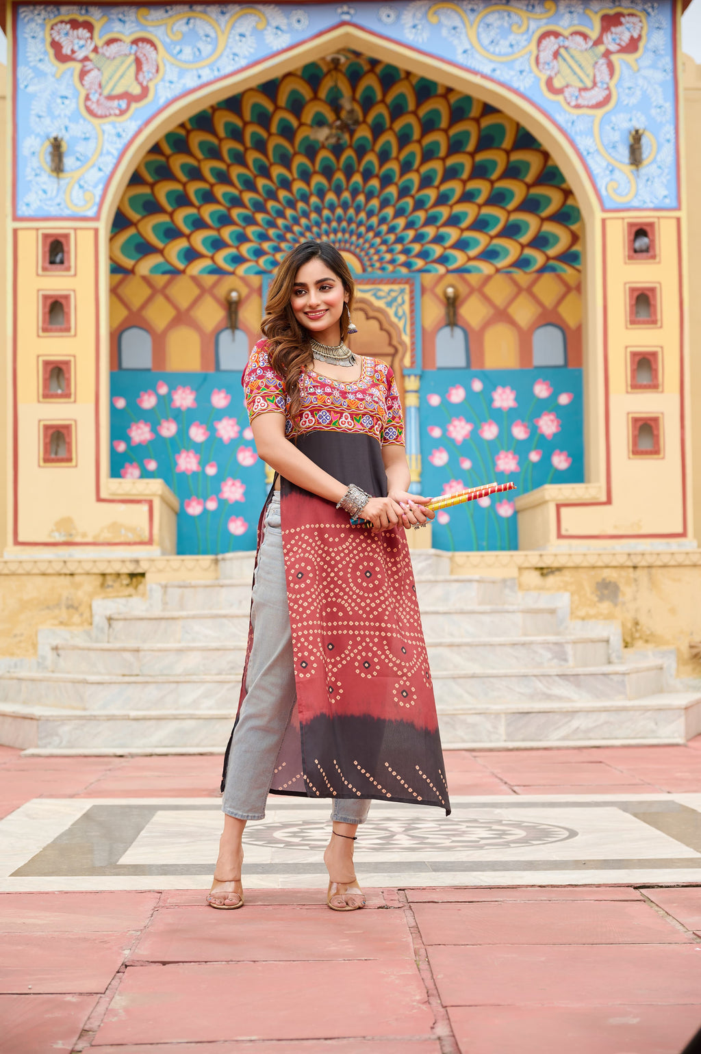 Maroon Rayon Printed Kurti with Kutchi Gamthi Embroidery