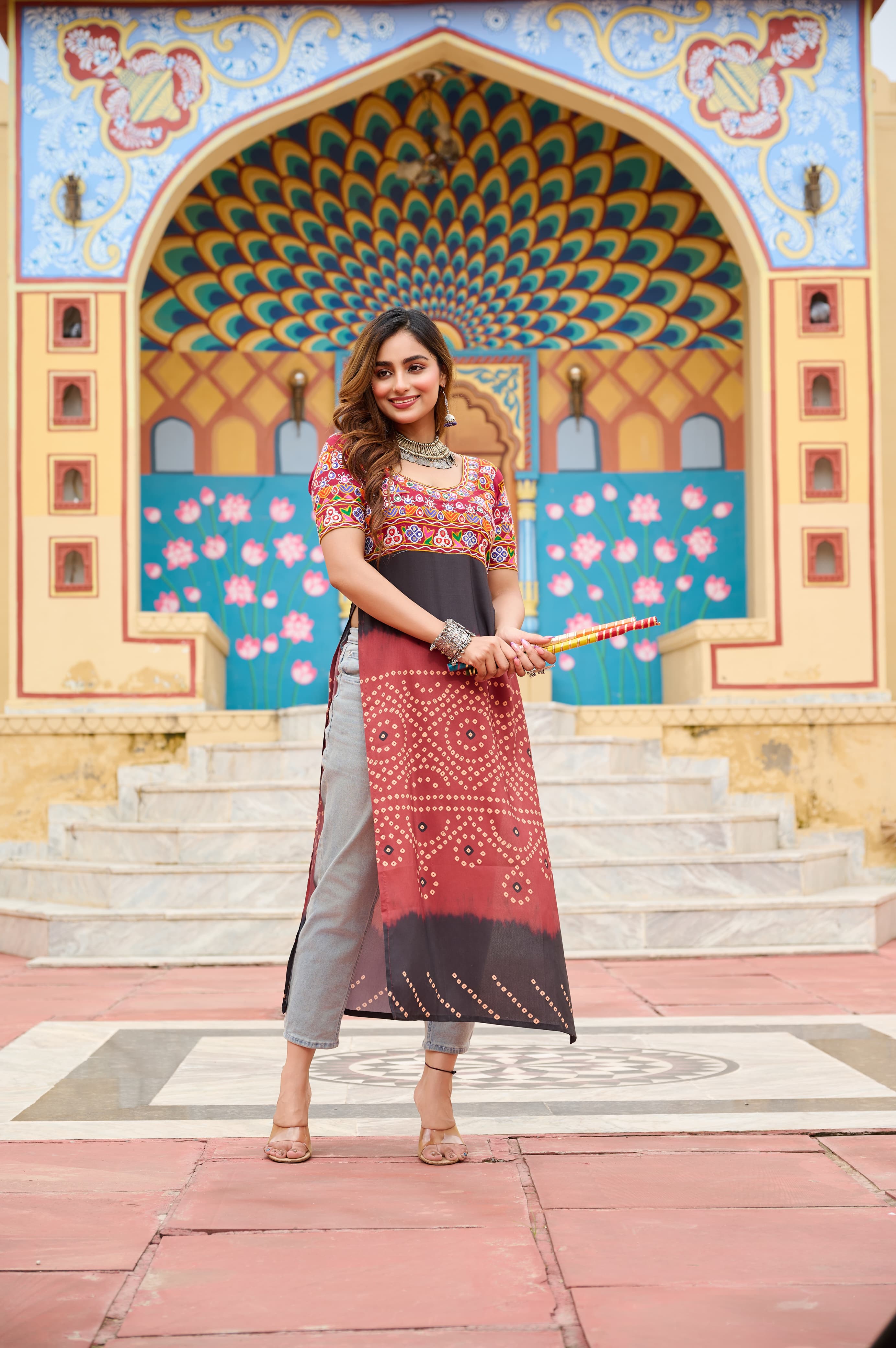 Maroon Rayon Printed Kurti with Kutchi Gamthi Embroidery