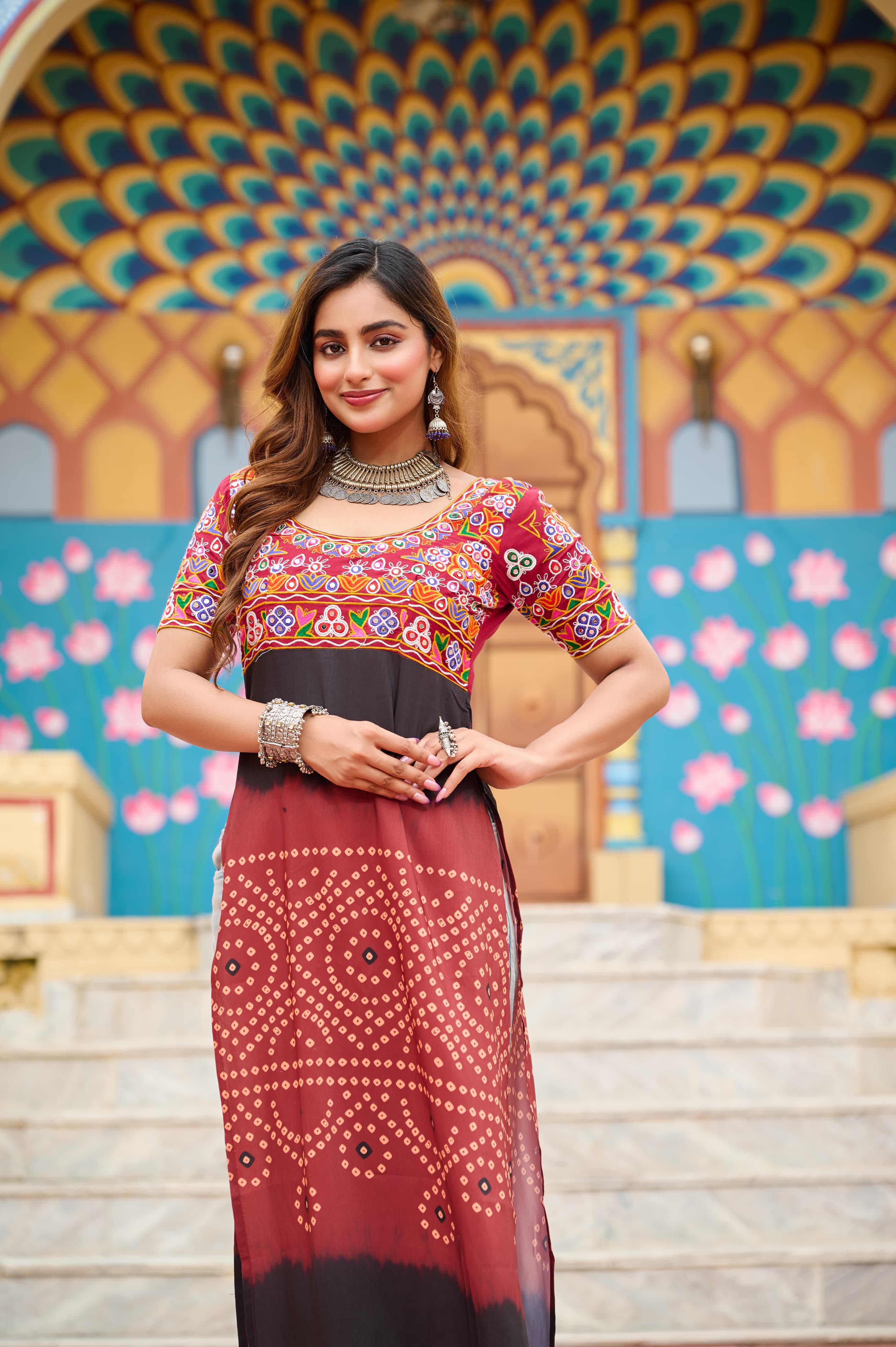 Maroon Rayon Printed Kurti with Kutchi Gamthi Embroidery