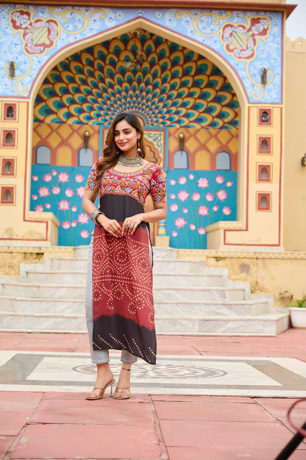 Maroon Rayon printed Kurti featuring traditional Kutchi Gamthi embroidery