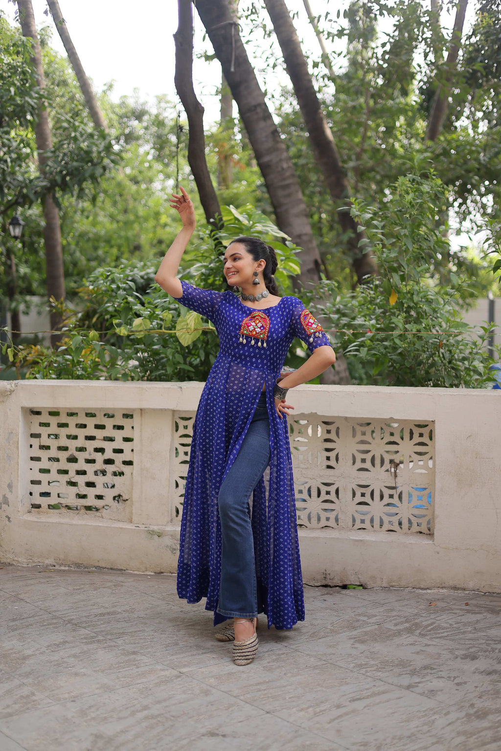 Blue Georgette Bandhani Print Navaratri Kurti with Kutchi Work