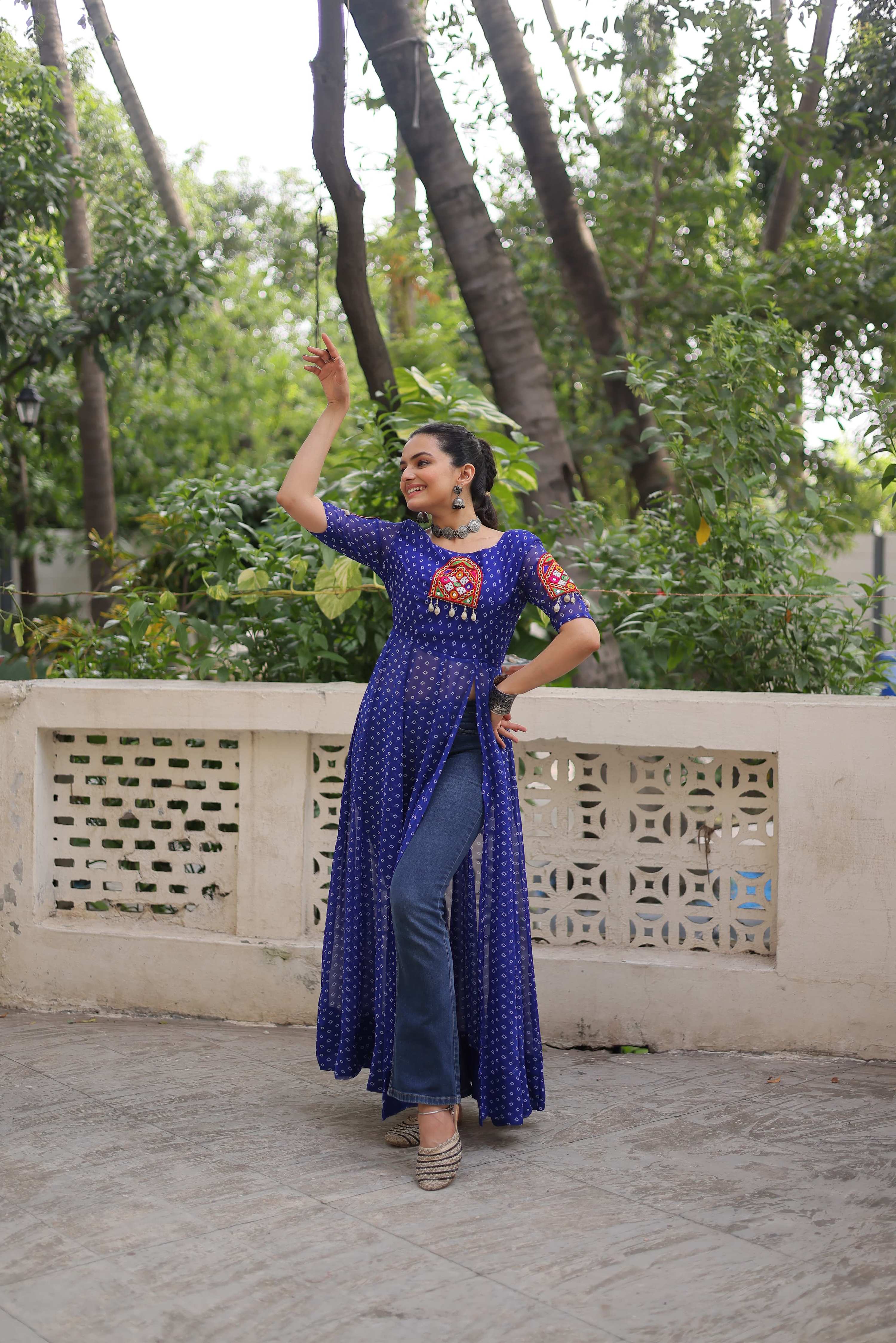 Blue Georgette Bandhani Print Navaratri Kurti with Kutchi Work