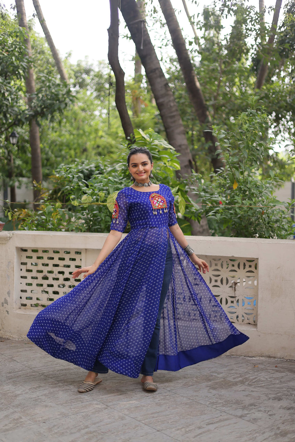 Blue Georgette Bandhani Print Navaratri Kurti with Kutchi Work