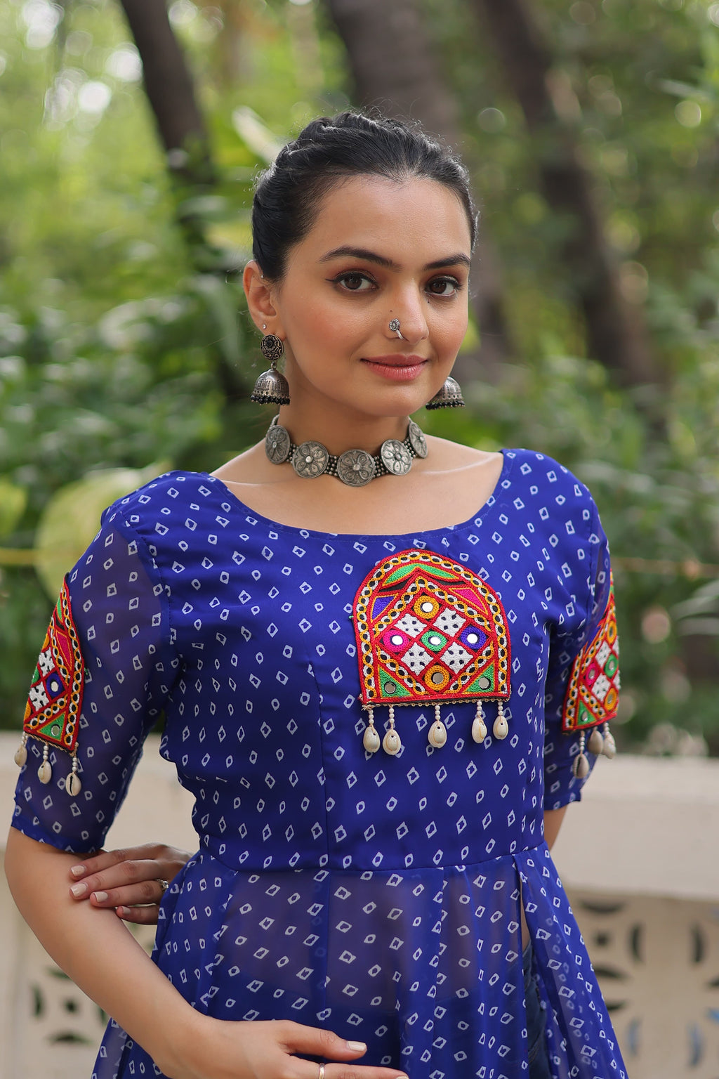 Blue Georgette Bandhani Print Navaratri Kurti with Kutchi Work