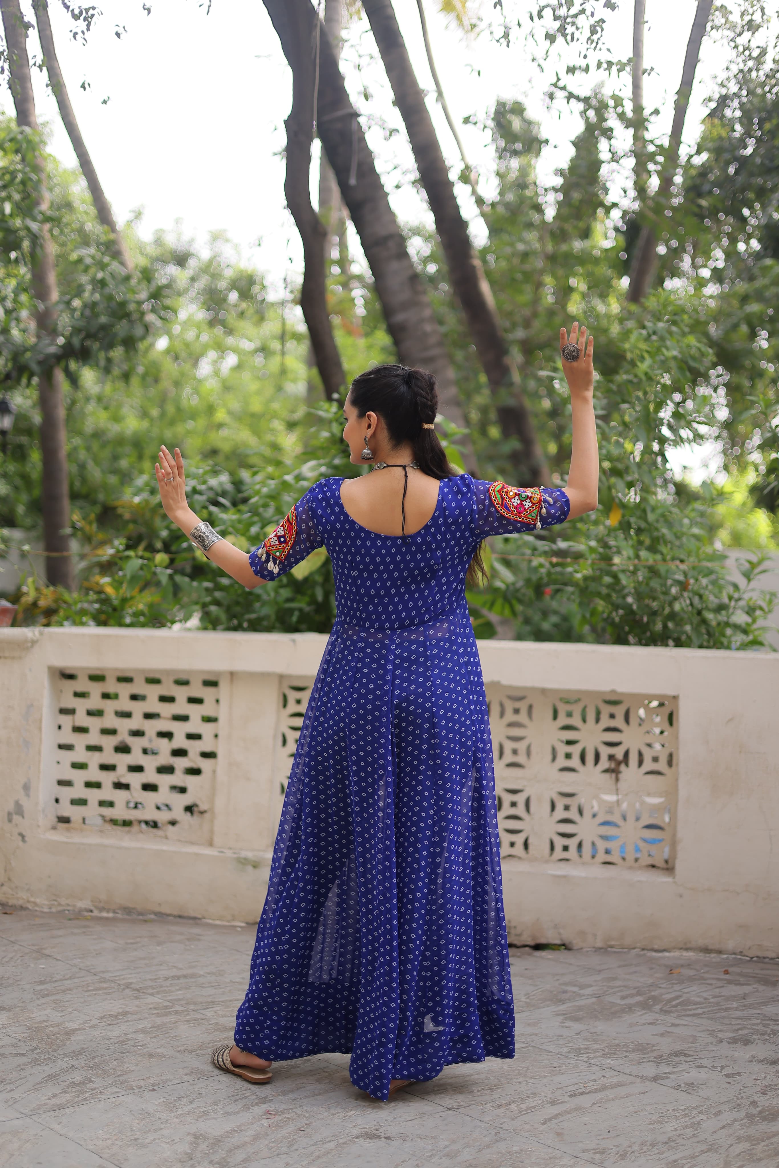 Blue Georgette Bandhani Print Navaratri Kurti with Kutchi Work