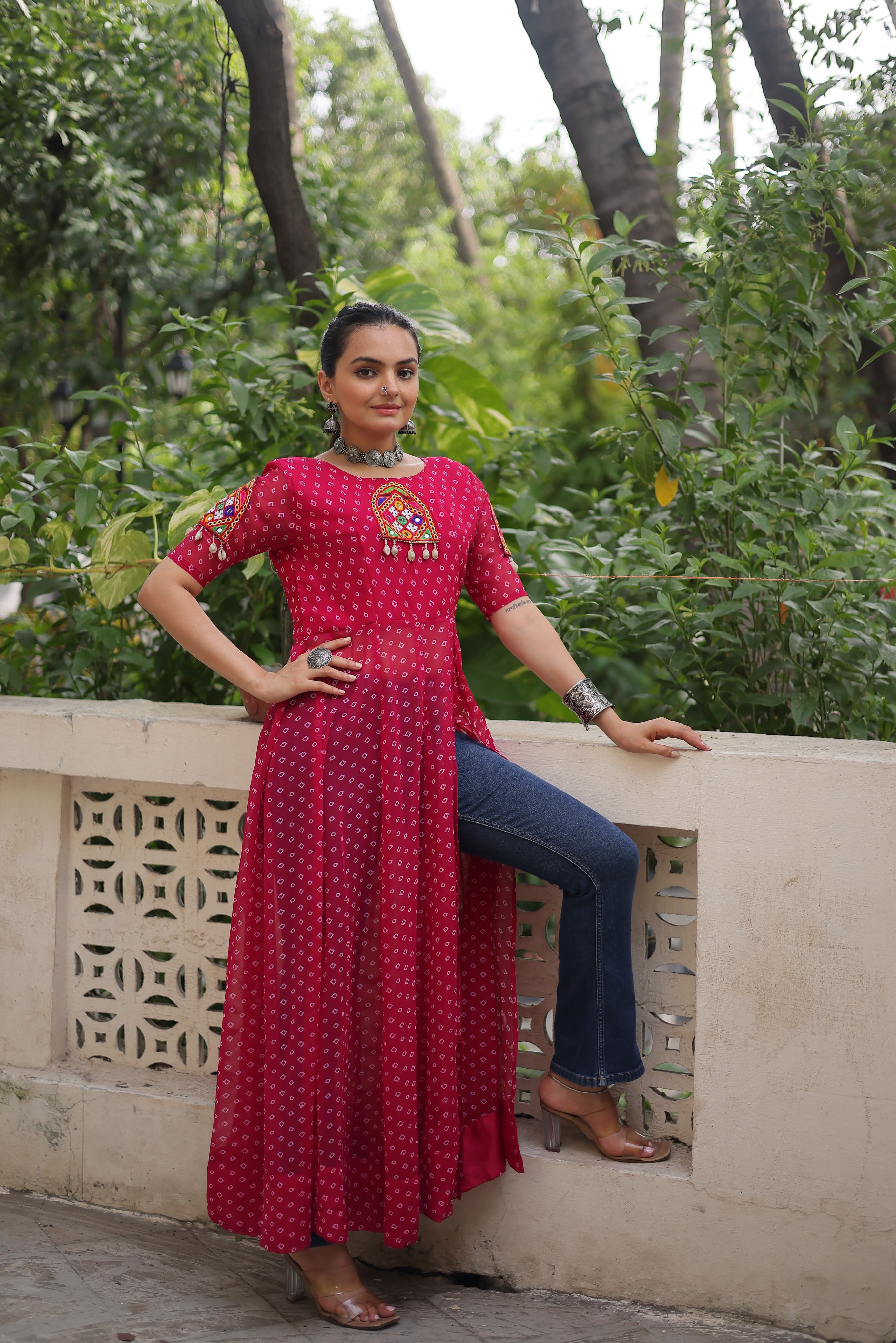 Pink Georgette Bandhani Print Kurti with Kutchi Patch Work