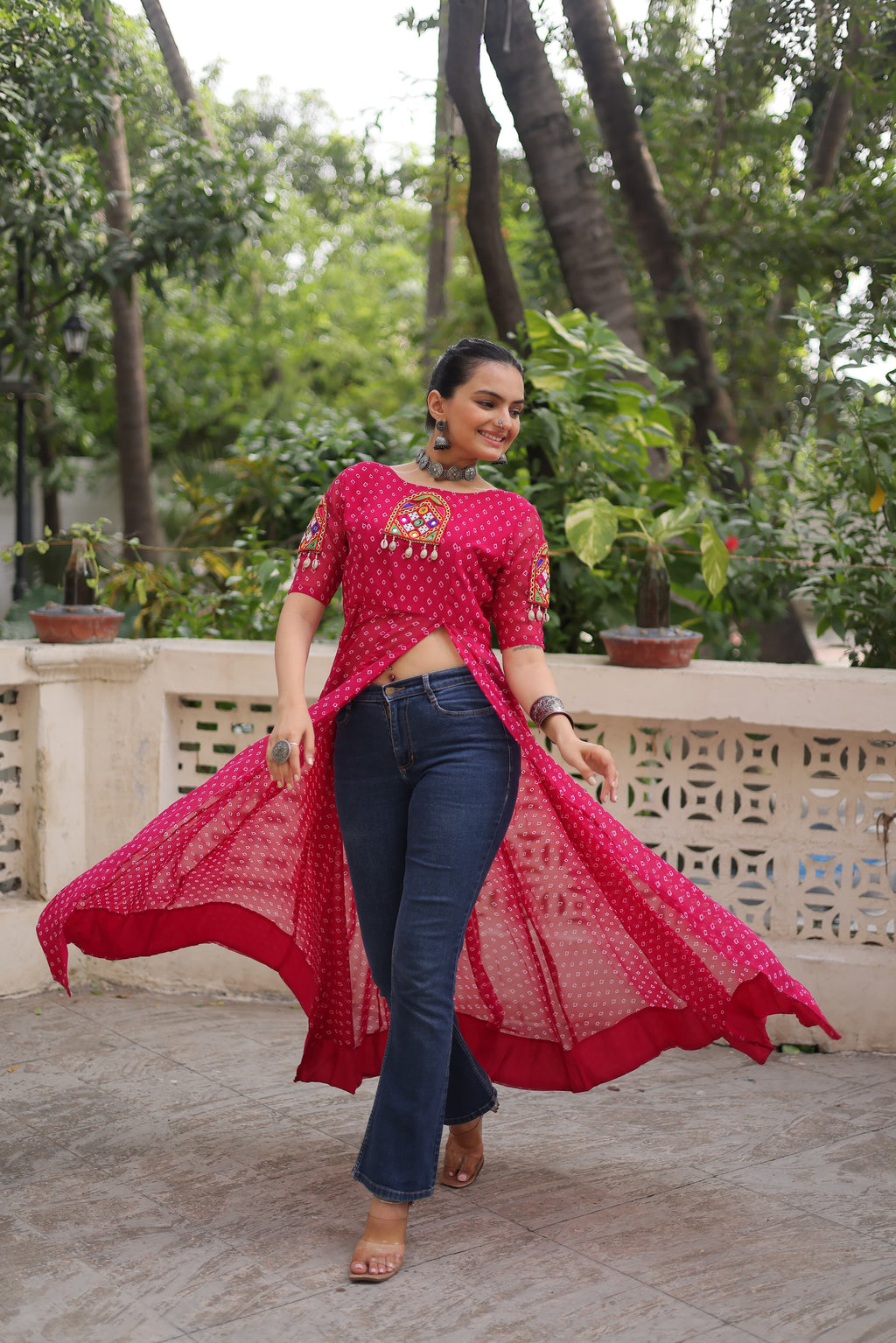 Pink Georgette Bandhani Print Kurti with Kutchi Patch Work