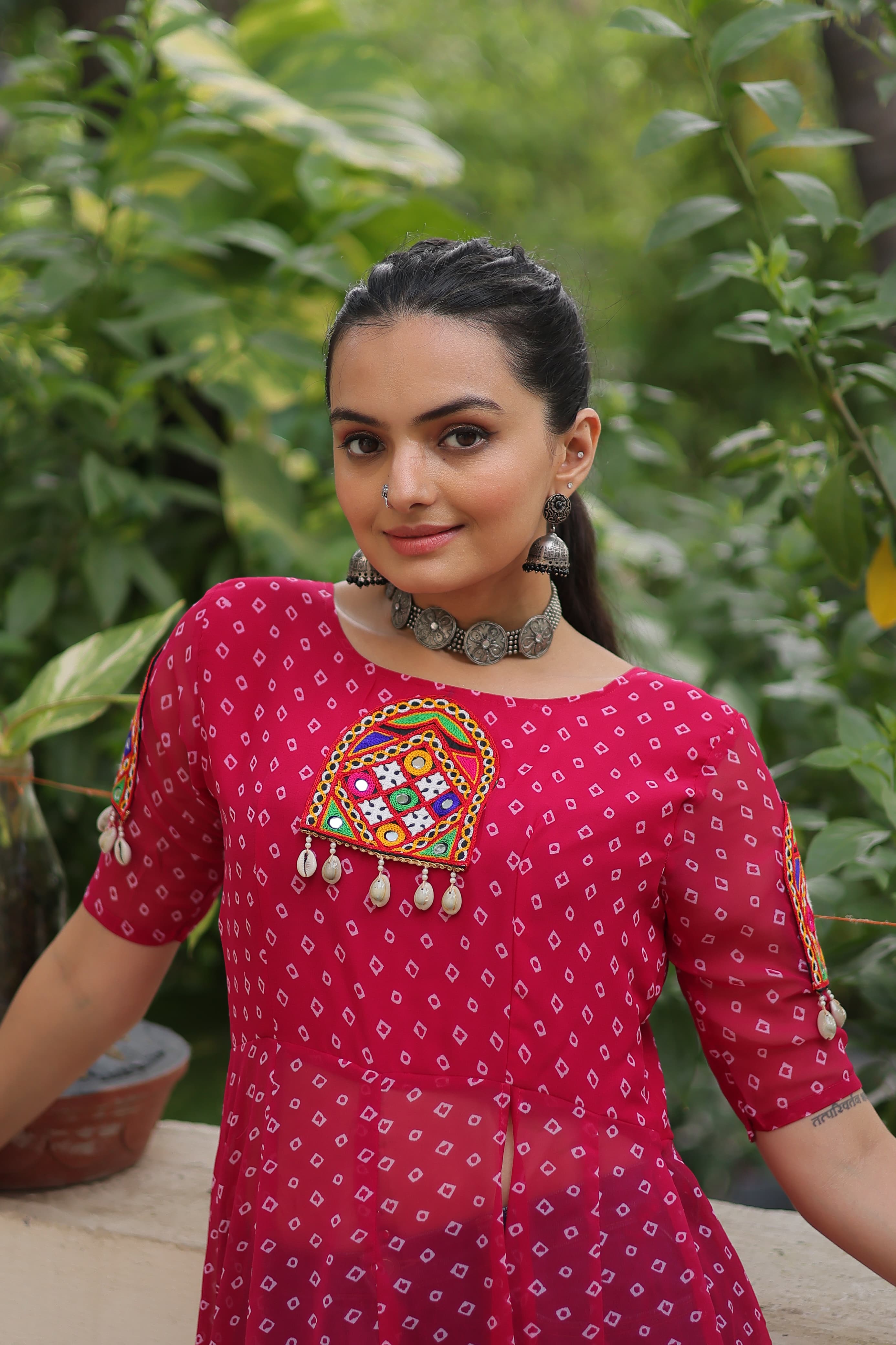 Pink Georgette Bandhani Print Kurti with Kutchi Patch Work