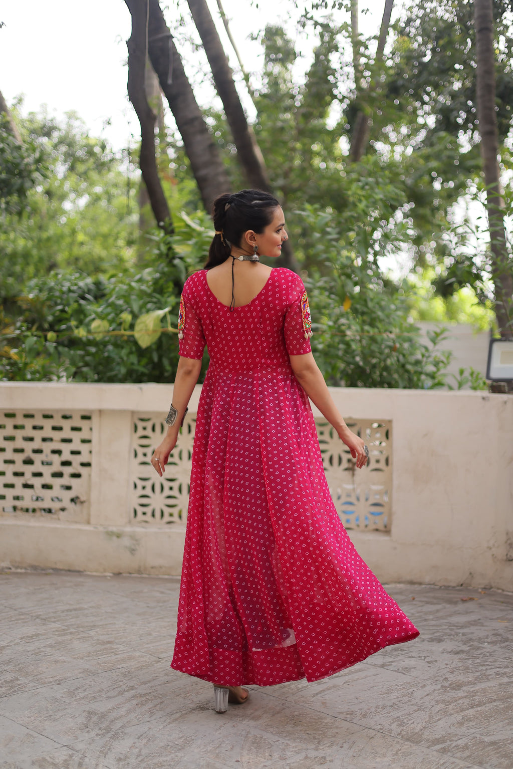 Pink Georgette Bandhani Print Kurti with Kutchi Patch Work