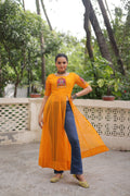 Yellow Faux Georgette Bandhani print kurti with traditional Kutchi patch work for Navaratri