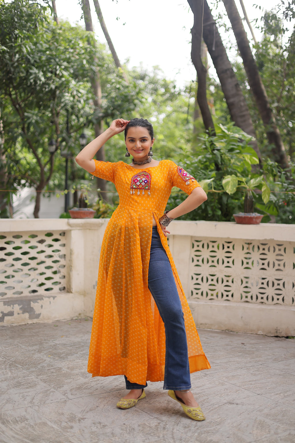 Yellow Georgette Bandhani Print Navaratri Kurti with Kutchi Patch