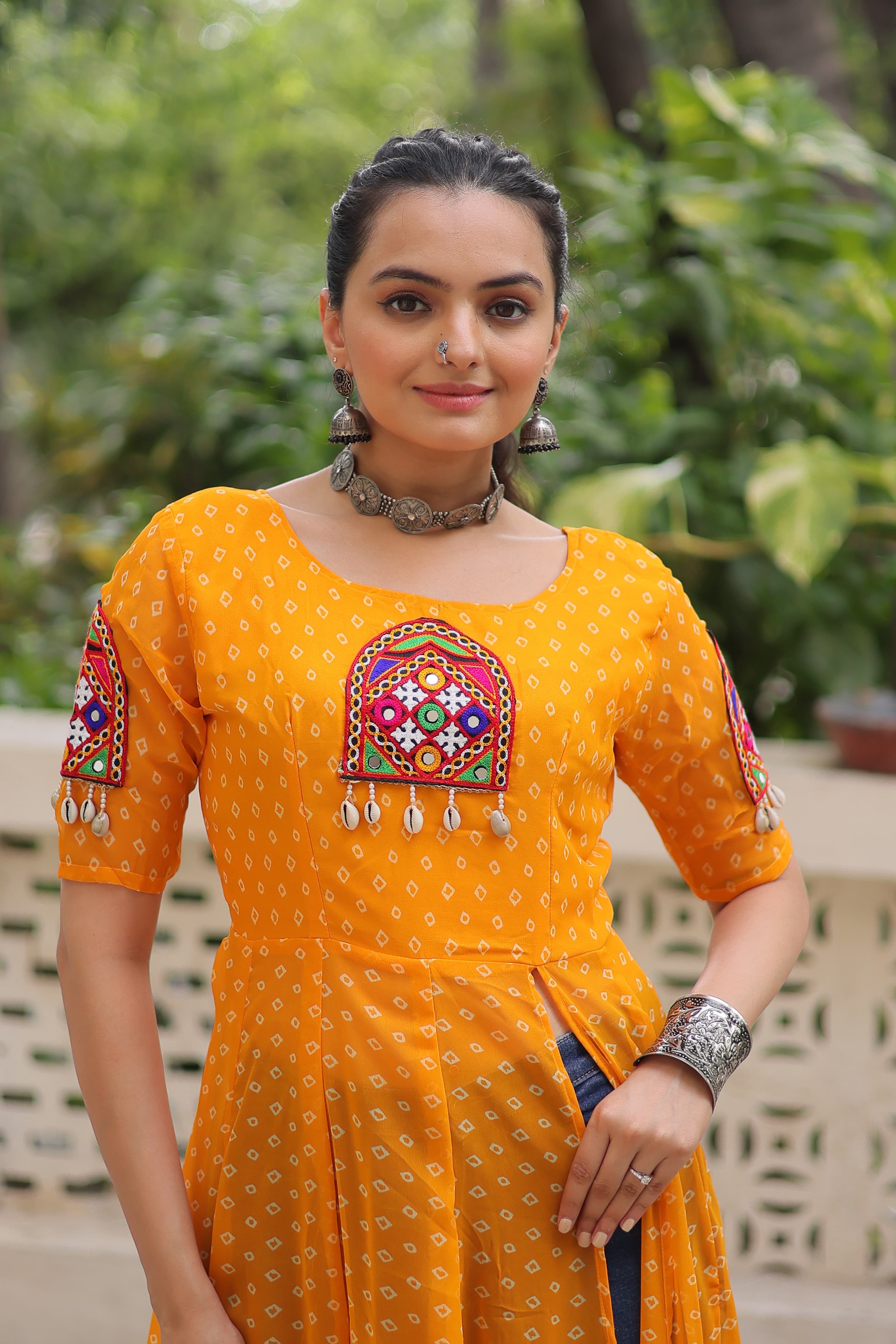 Yellow Georgette Bandhani Print Navaratri Kurti with Kutchi Patch