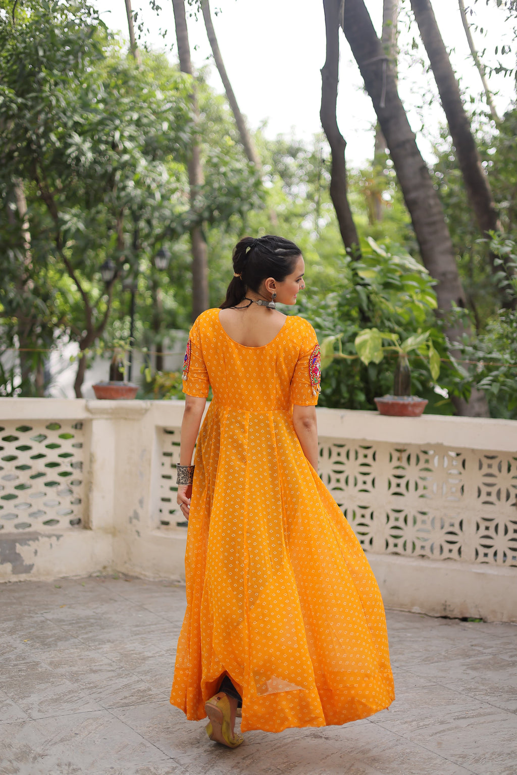 Yellow Georgette Bandhani Print Navaratri Kurti with Kutchi Patch