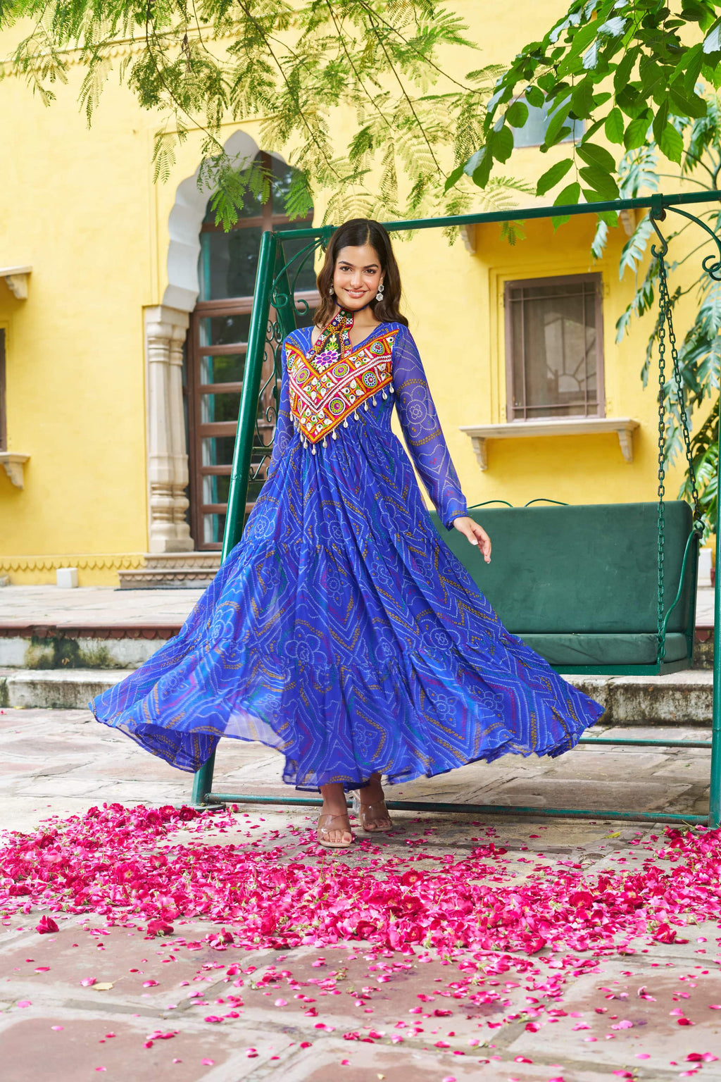 Blue Georgette Bandhani Navaratri Kurti with Kutchi Patch