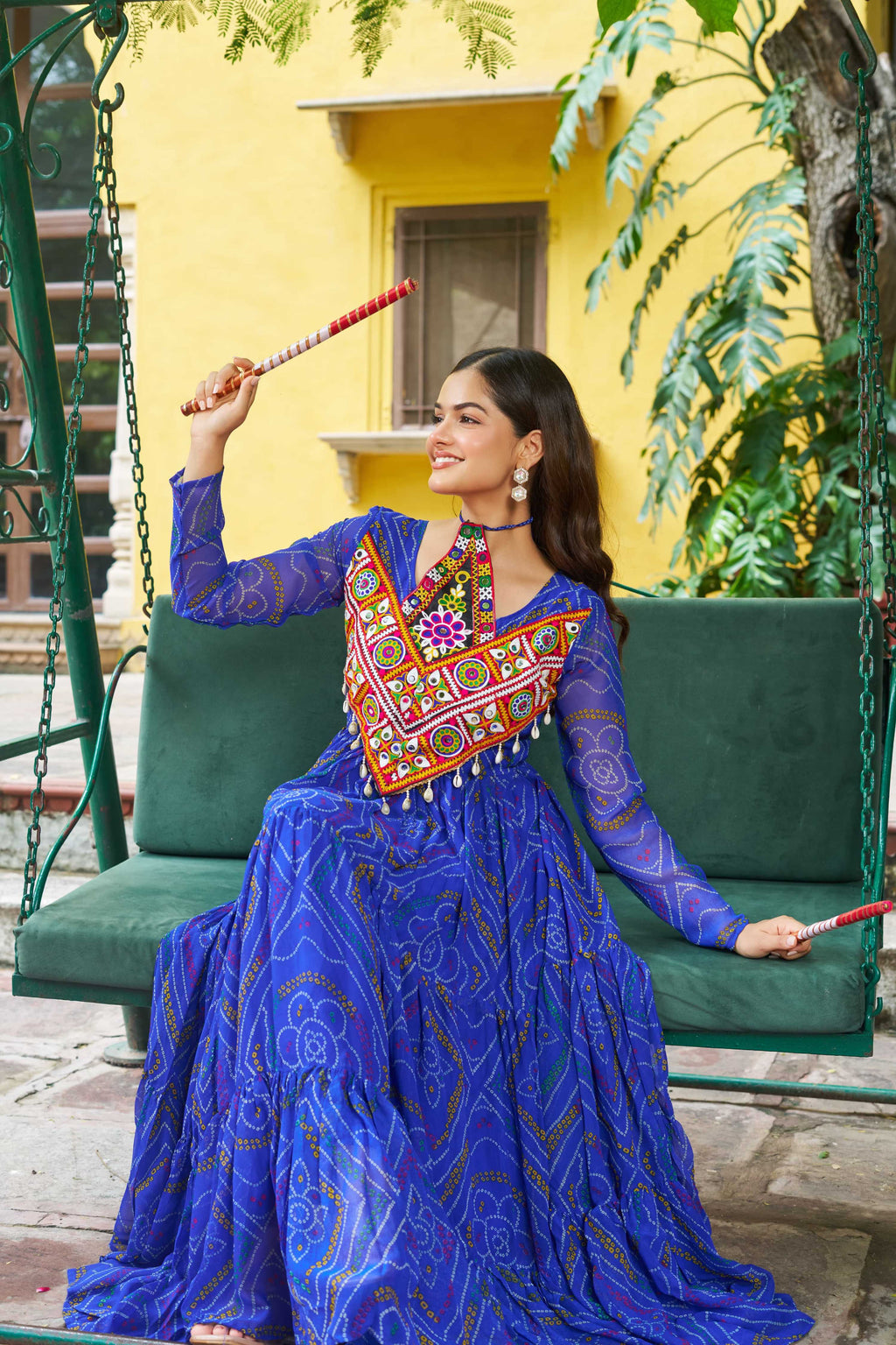 Blue Georgette Bandhani Navaratri Kurti with Kutchi Patch