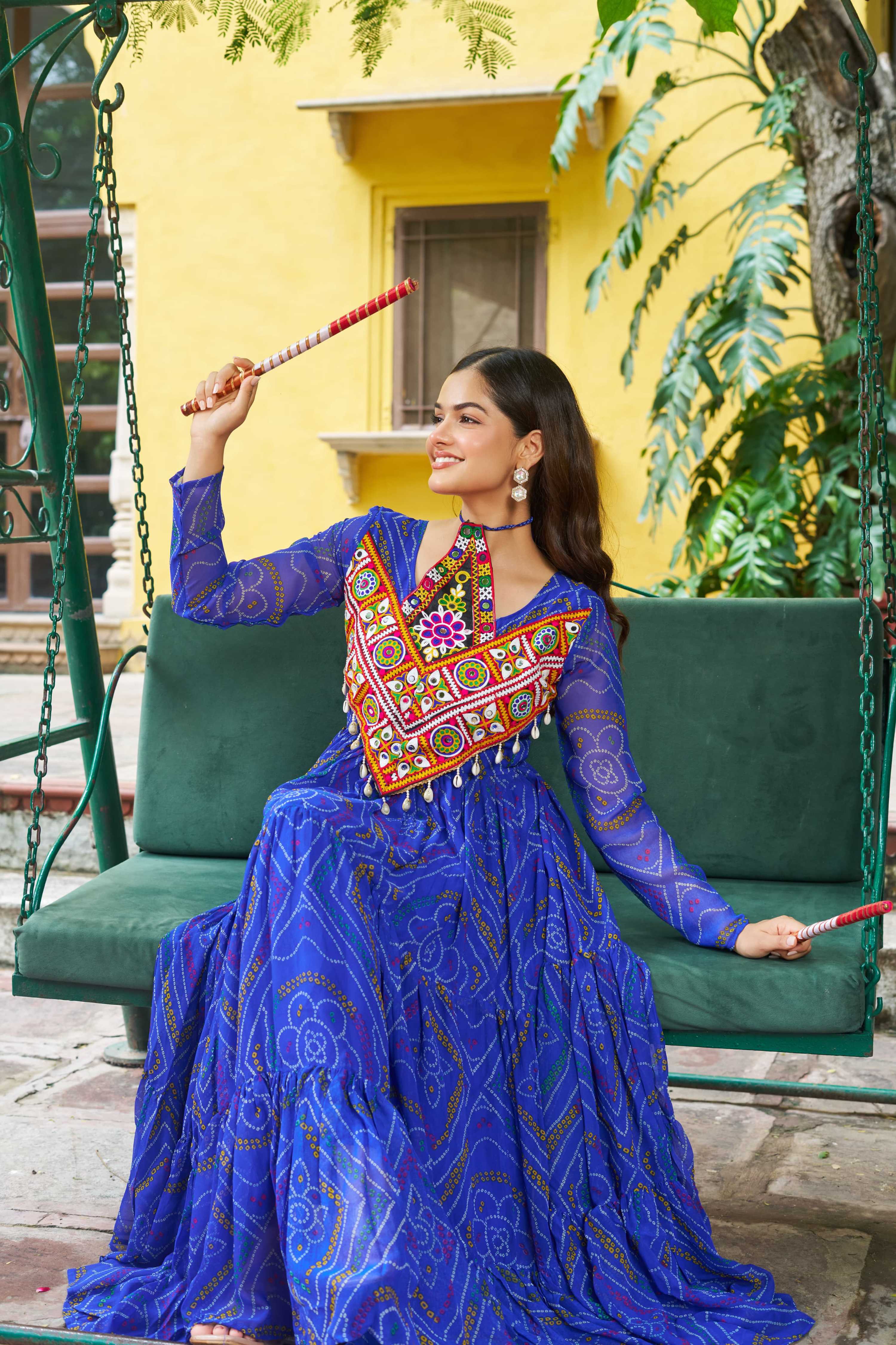 Blue Georgette Bandhani Navaratri Kurti with Kutchi Patch