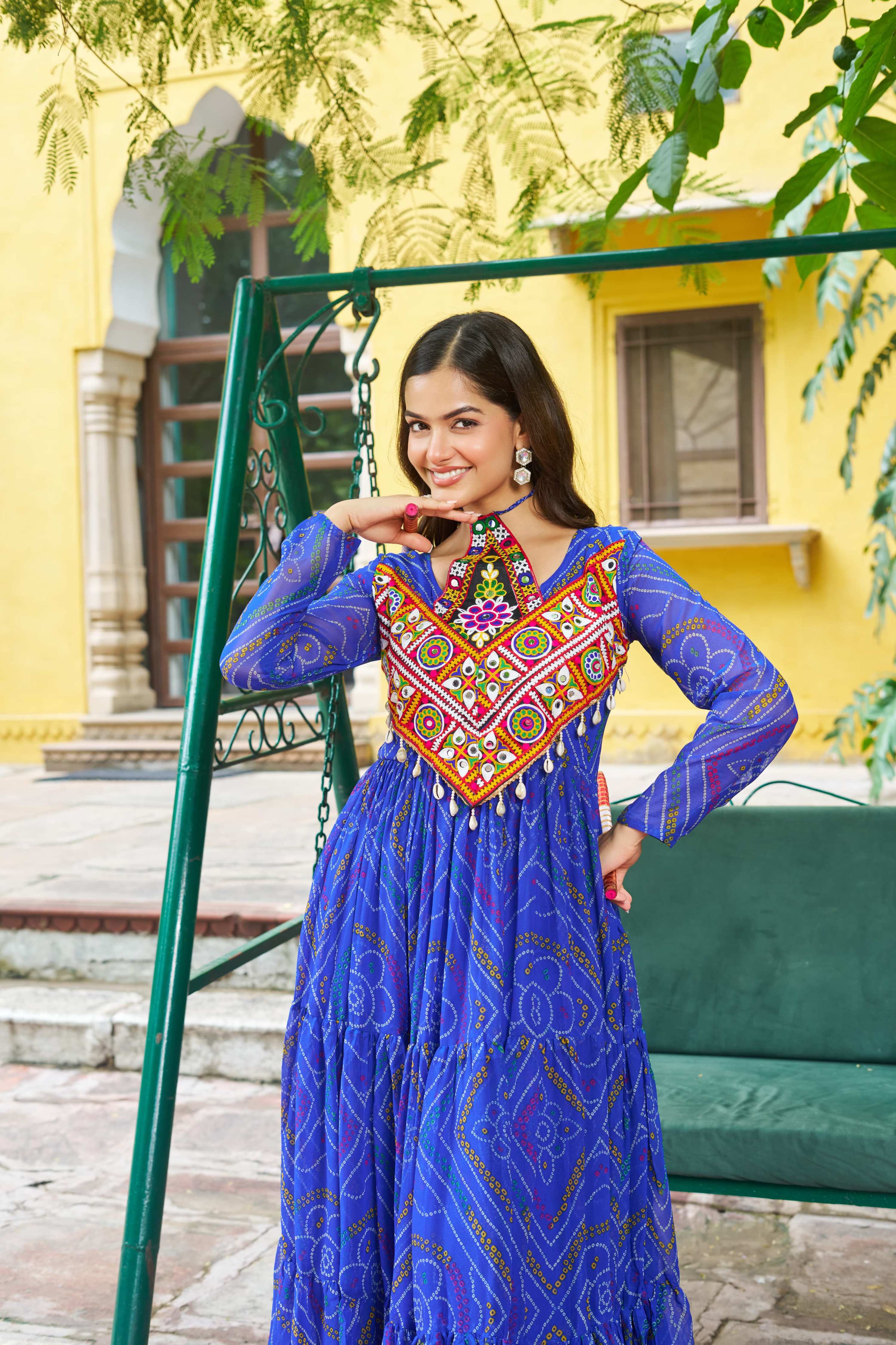Blue Georgette Bandhani Navaratri Kurti with Kutchi Patch