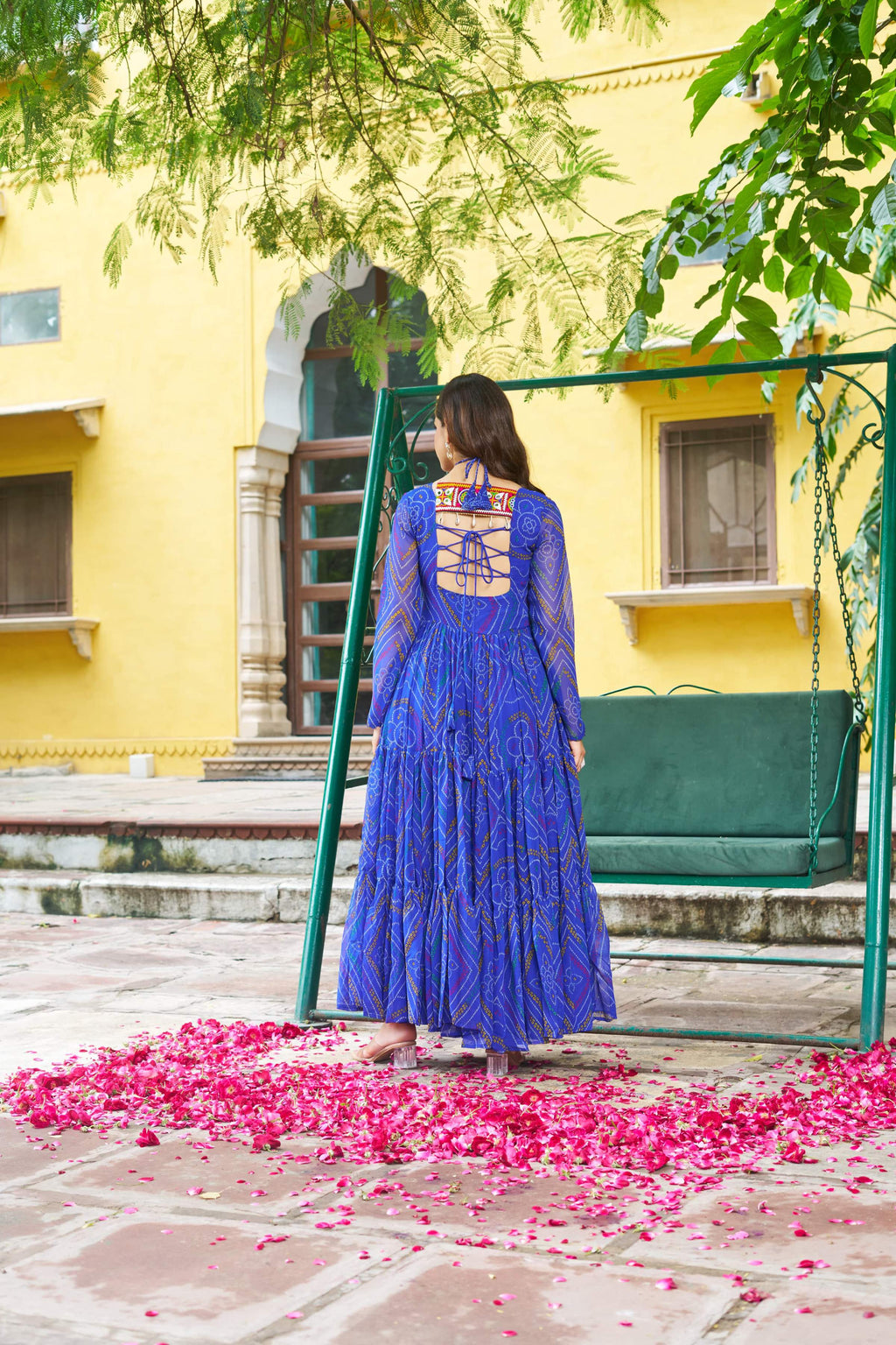 Blue Georgette Bandhani Navaratri Kurti with Kutchi Patch