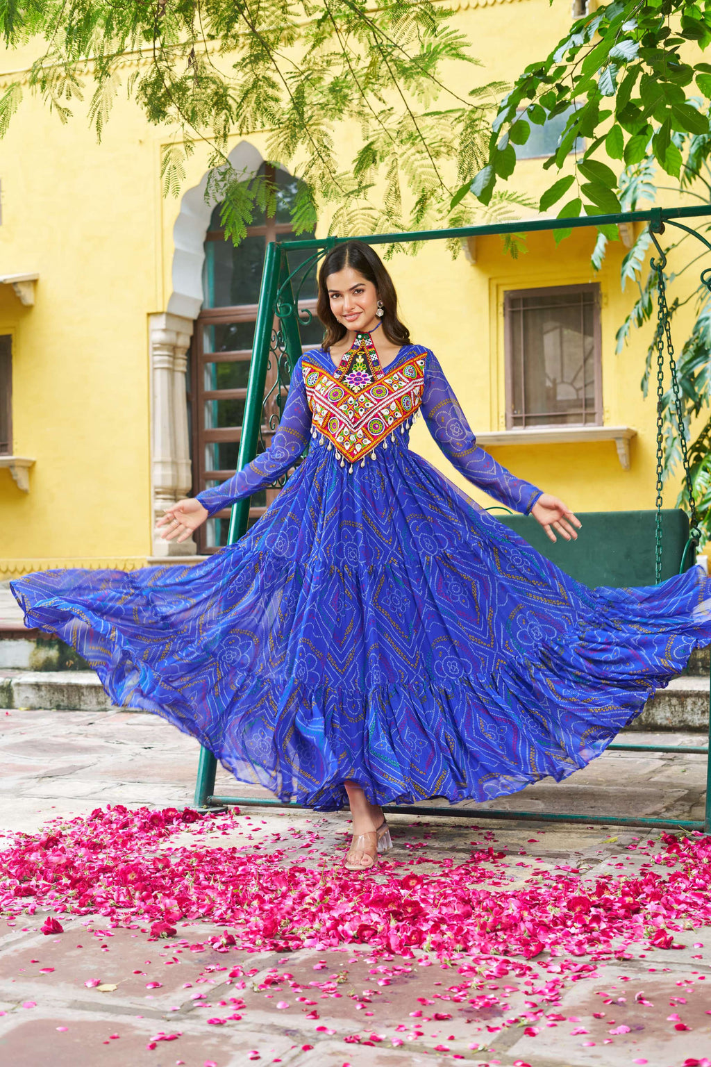 Blue georgette Bandhani print kurti with Kutchi patch work detail