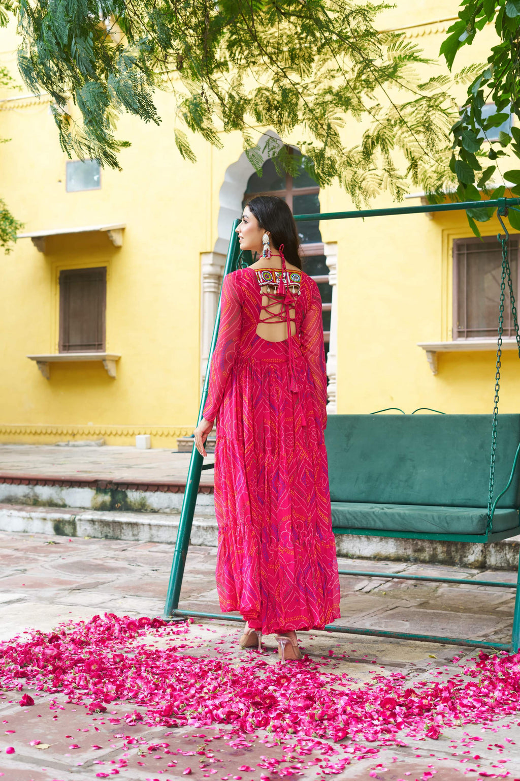 Prazu Fashion Pink Georgette Bandhani Print With Kutchi Patch work Navaratri Kurti