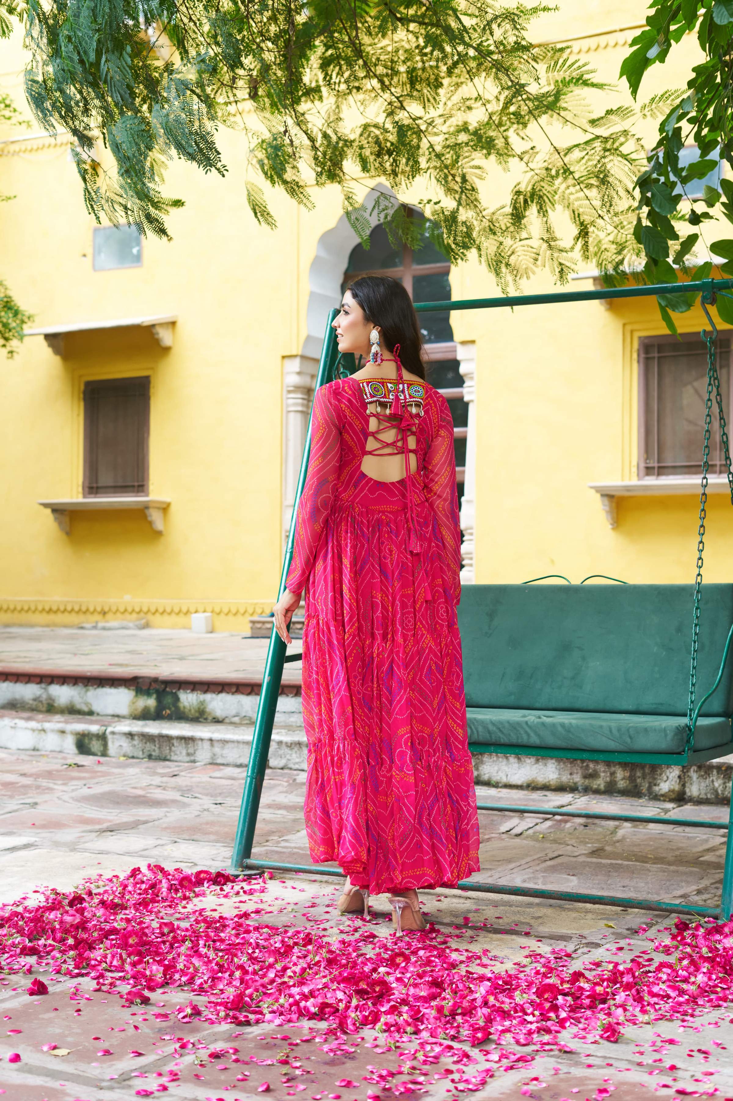 Prazu Fashion Pink Georgette Bandhani Print With Kutchi Patch work Navaratri Kurti