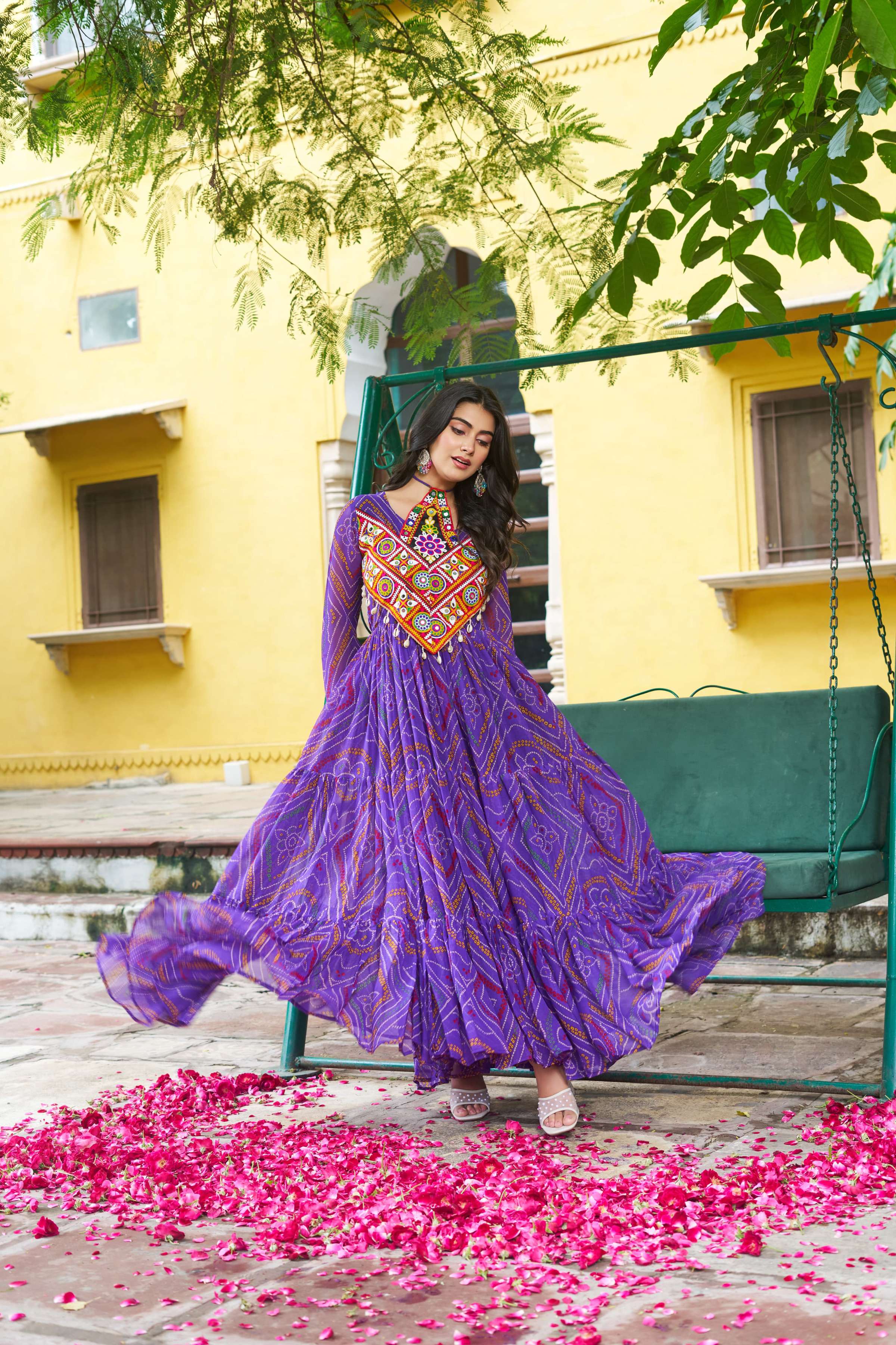 Prazu Fashion Violet Georgette Bandhani Print With Kutchi Patch work Navaratri Kurti