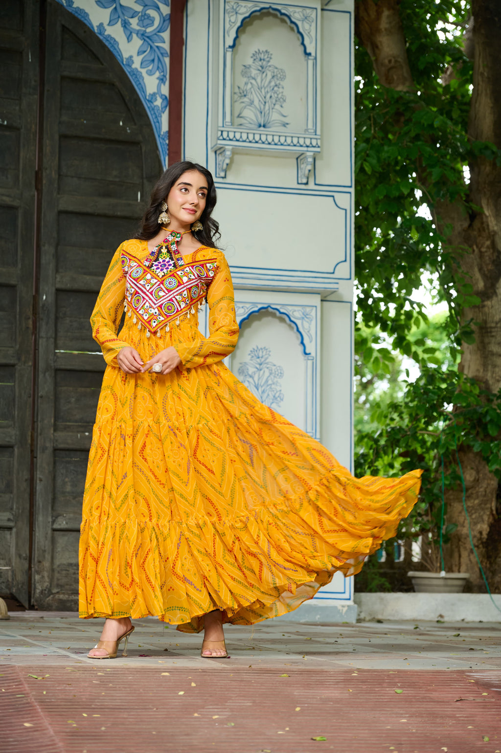 Yellow Georgette Bandhani Print Kurti with Kutchi Patchwork