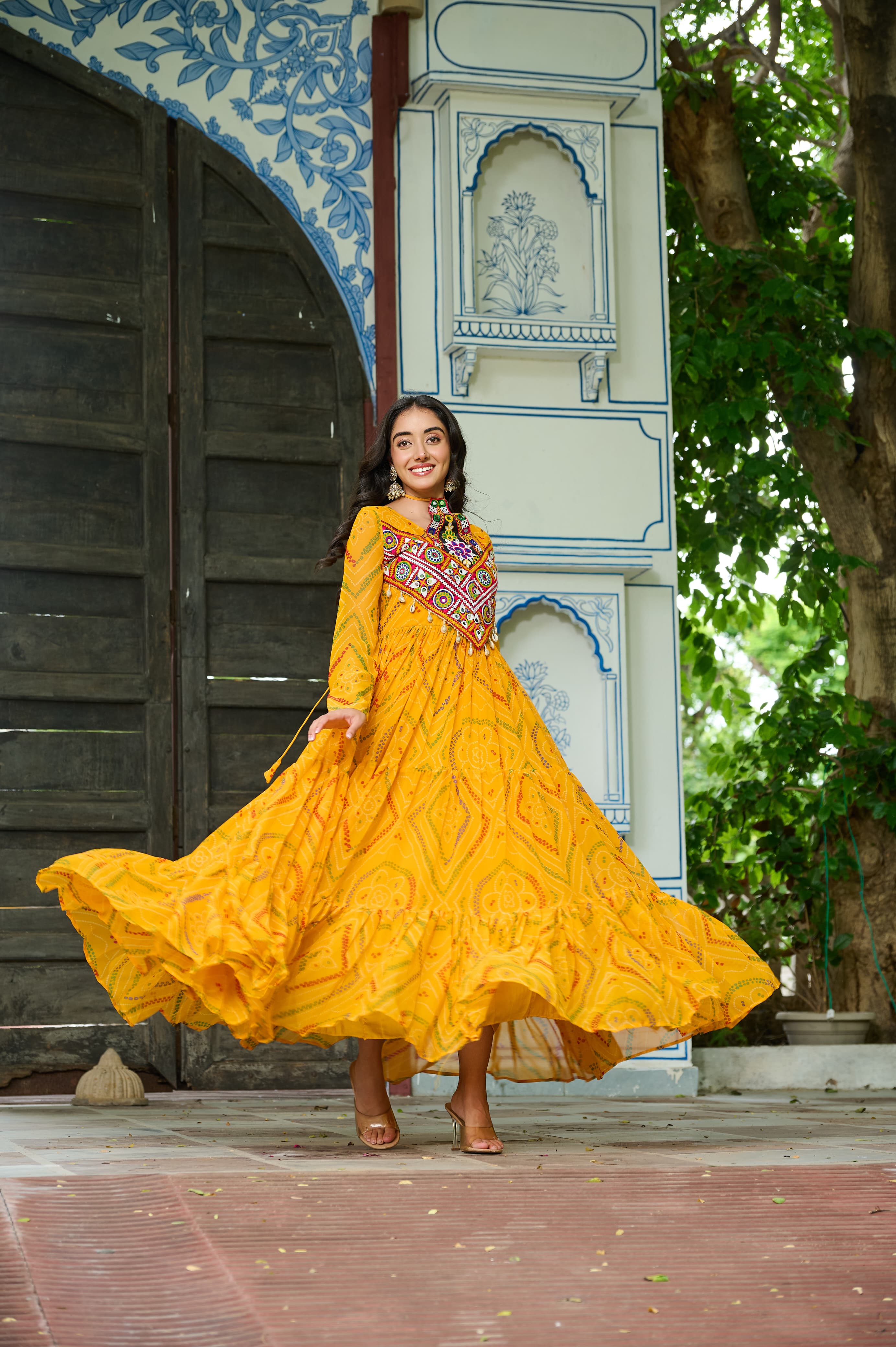 Yellow Georgette Bandhani Print Kurti with Kutchi Patchwork