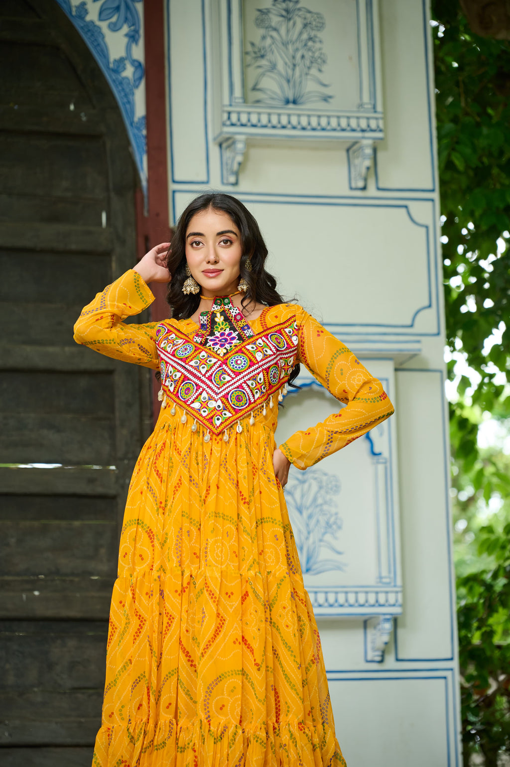 Yellow Georgette Bandhani Print Kurti with Kutchi Patchwork