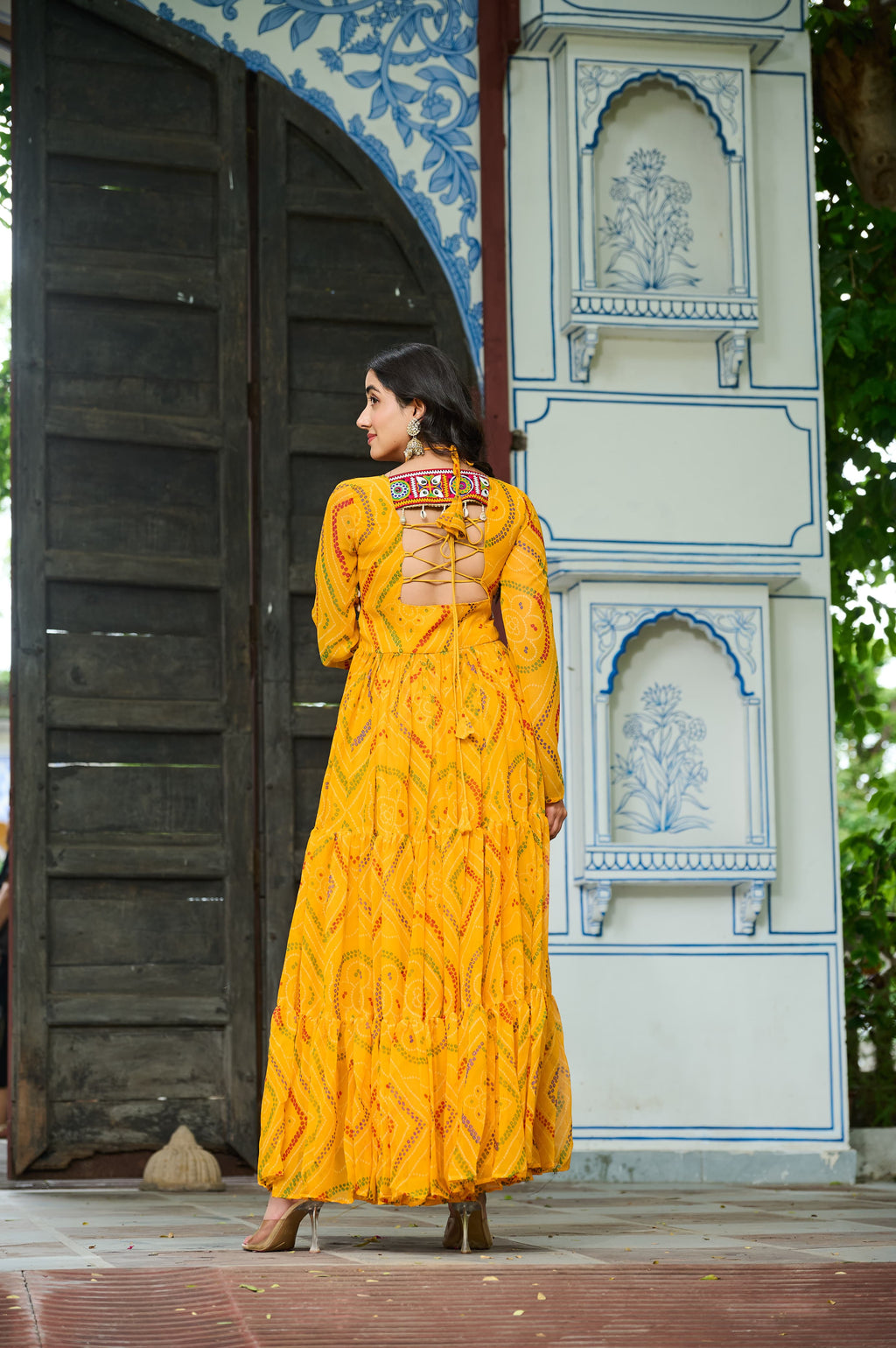 Yellow Georgette Bandhani Print Kurti with Kutchi Patchwork