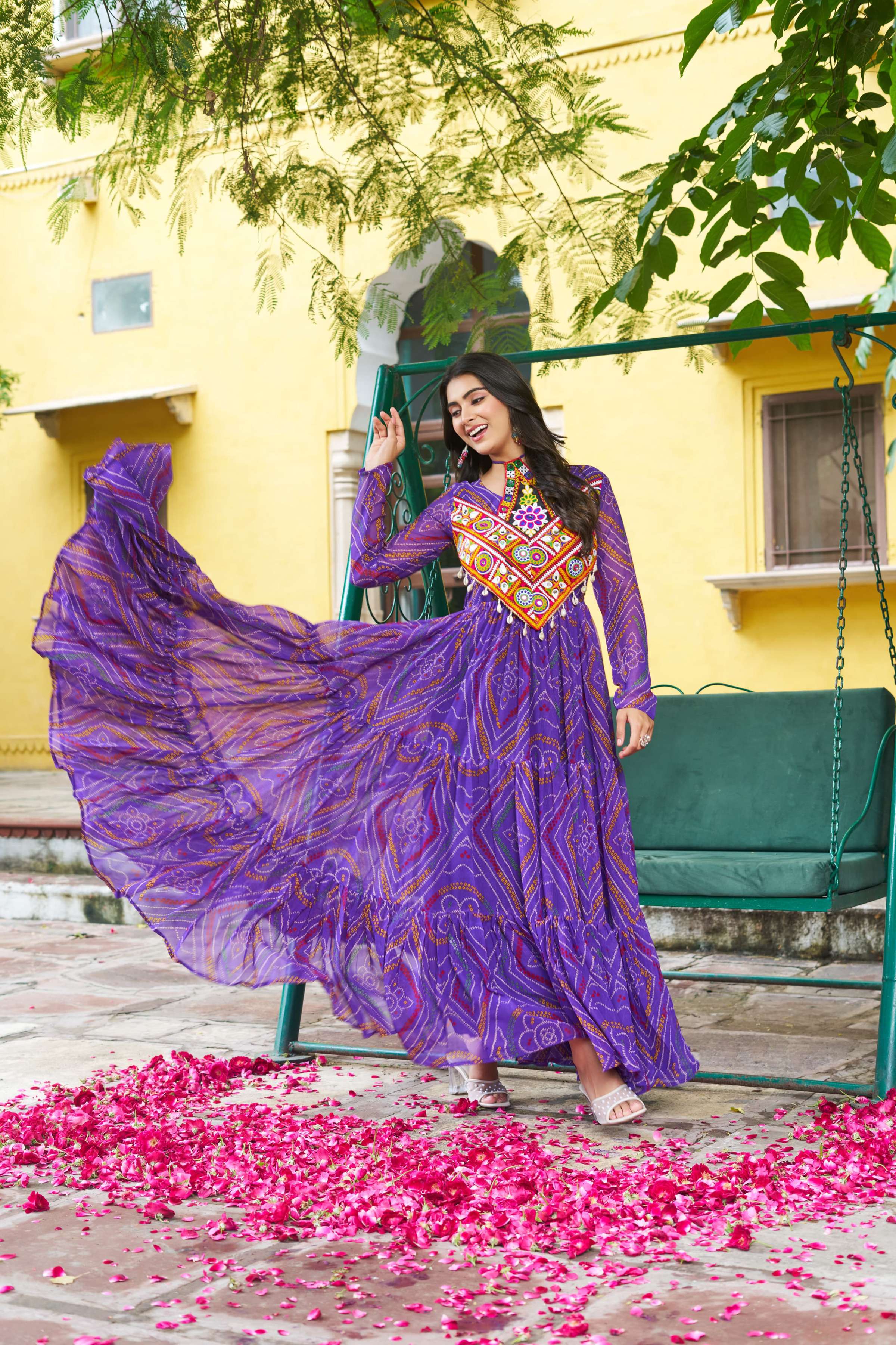 Purple Georgette Bandhani Print Gown with Kutchi Patchwork