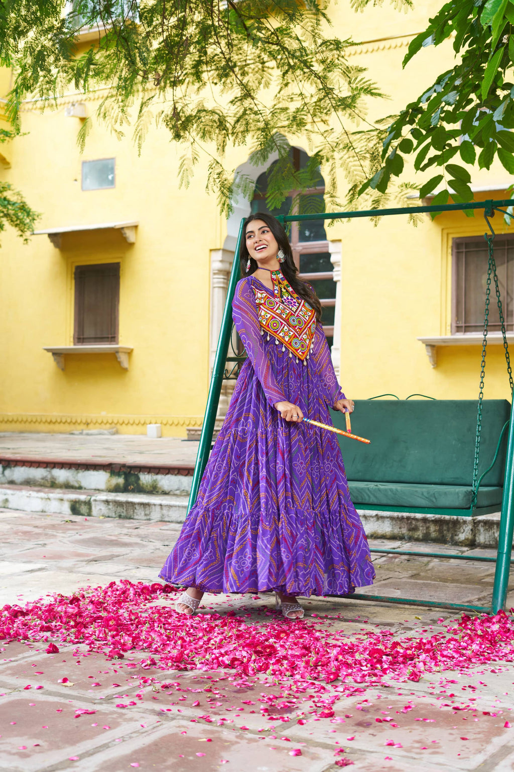 Purple Georgette Bandhani Print Gown with Kutchi Patchwork