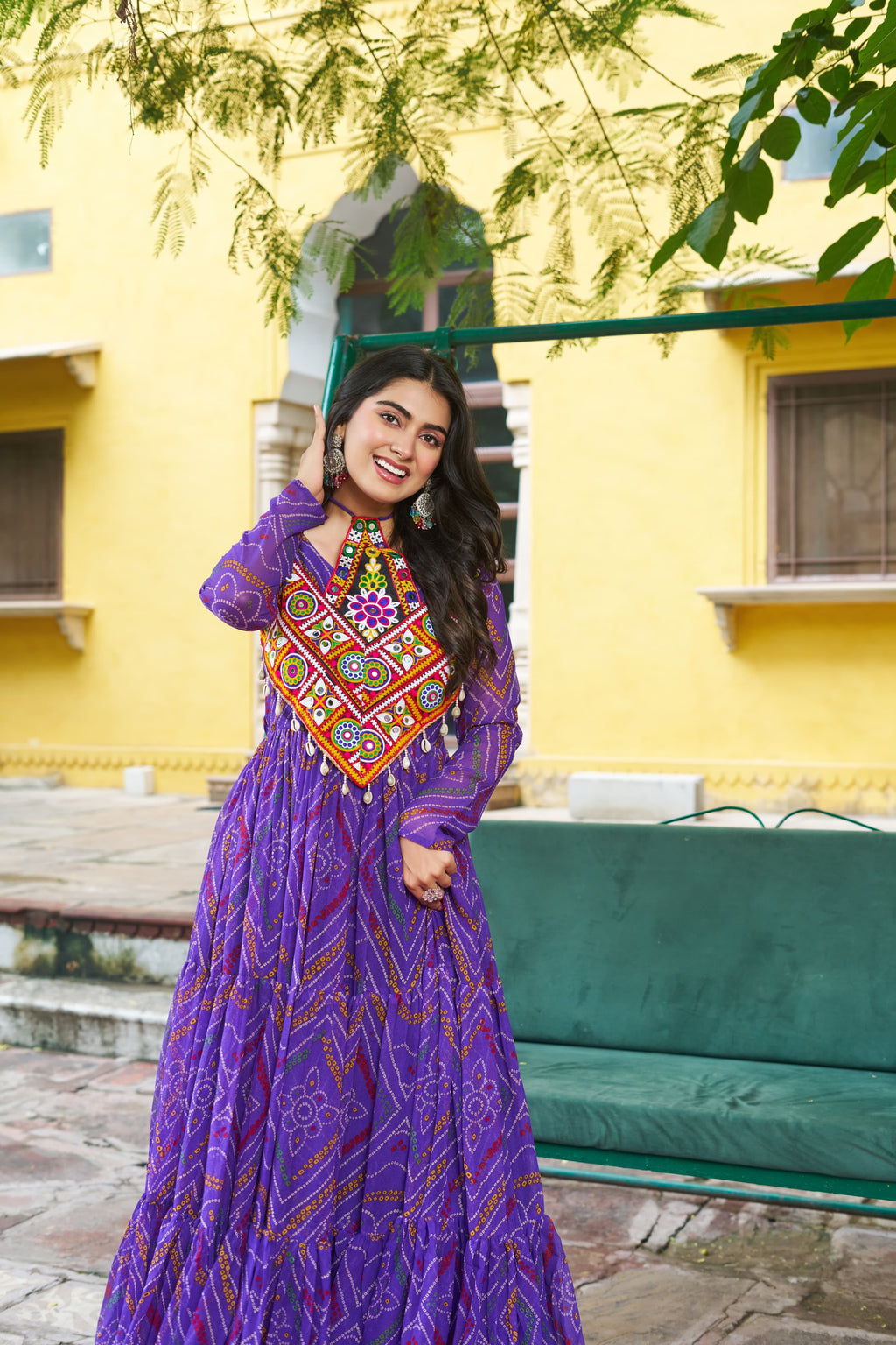 Purple Georgette Bandhani Print Gown with Kutchi Patchwork
