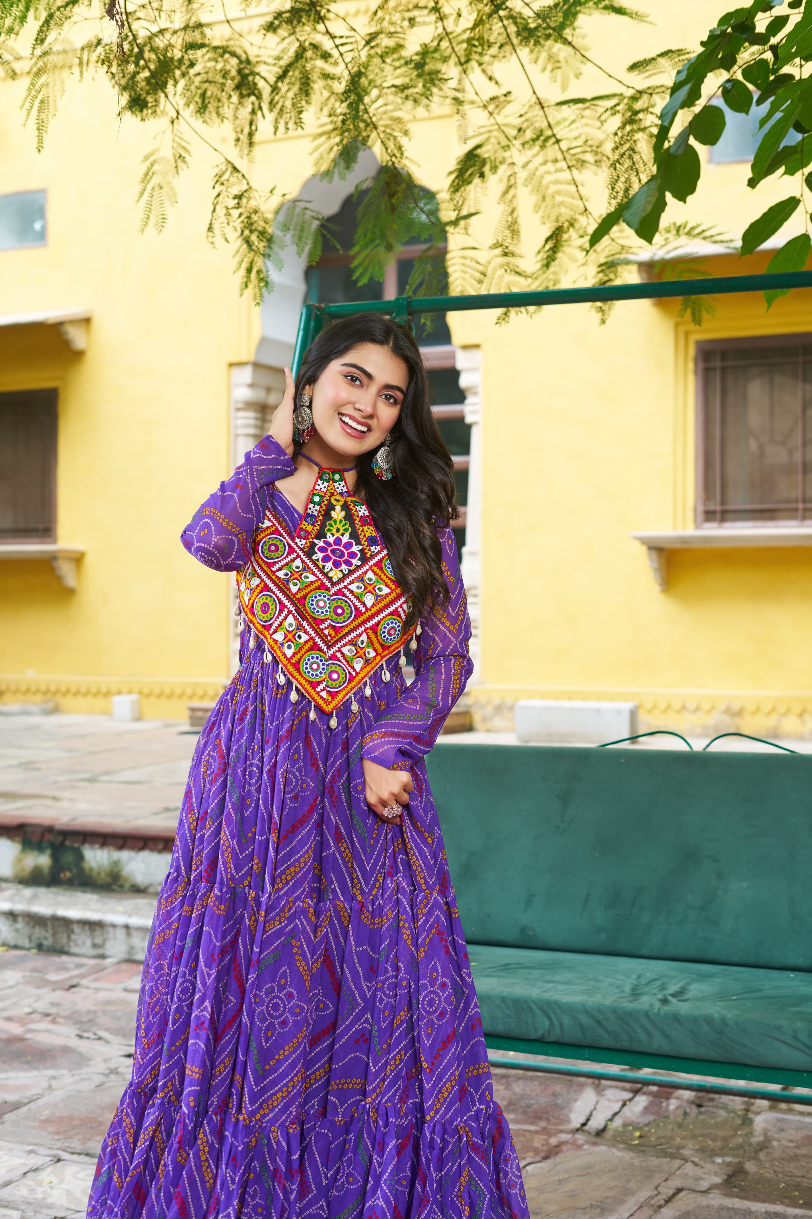 Purple Georgette Bandhani Print Gown with Kutchi Patchwork