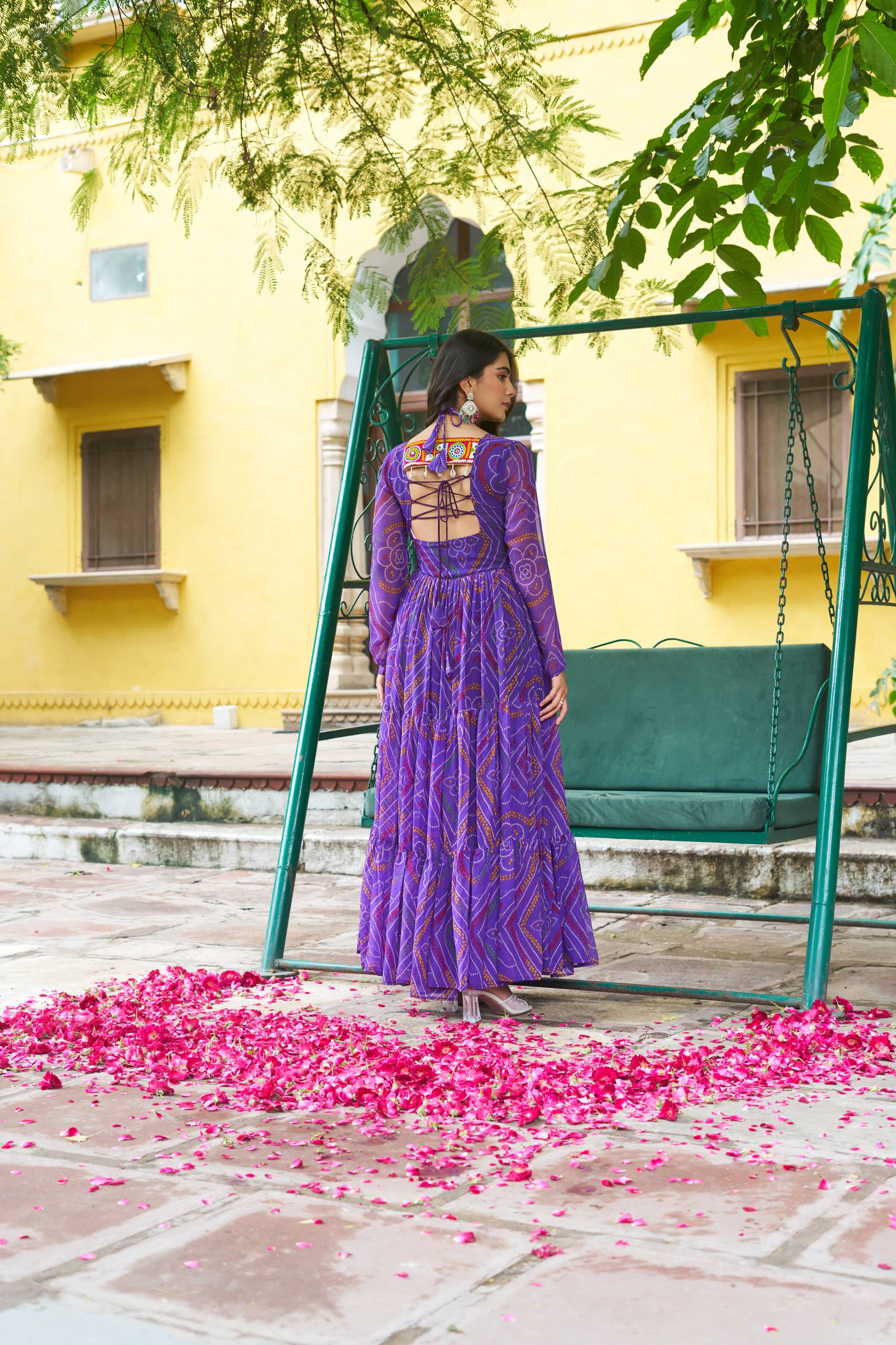 Purple Georgette Bandhani Print Gown with Kutchi Patchwork