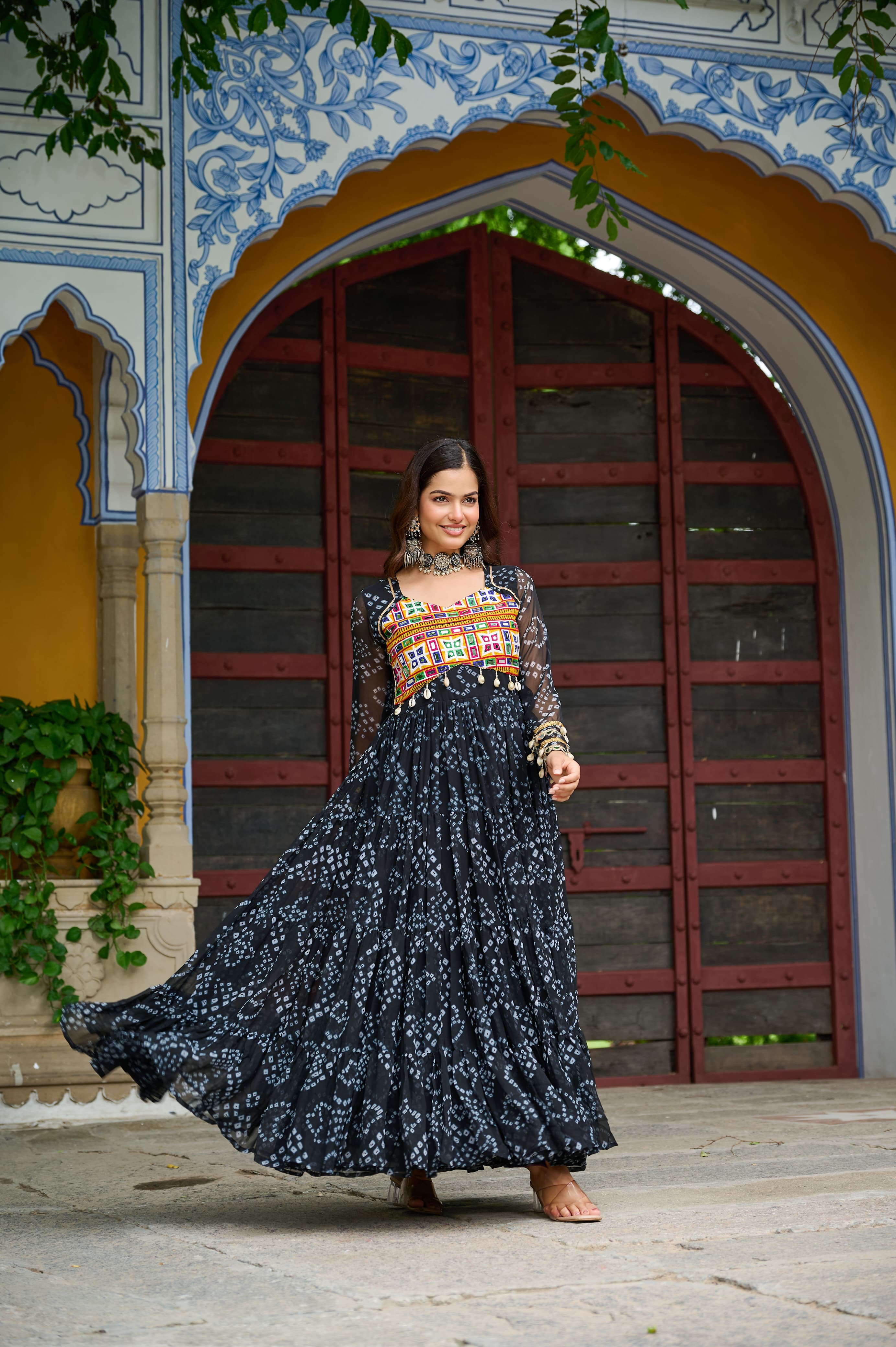 Prazu Fashion Black Georgette Bandhani Print With Kutchi Patch work Navaratri Gown