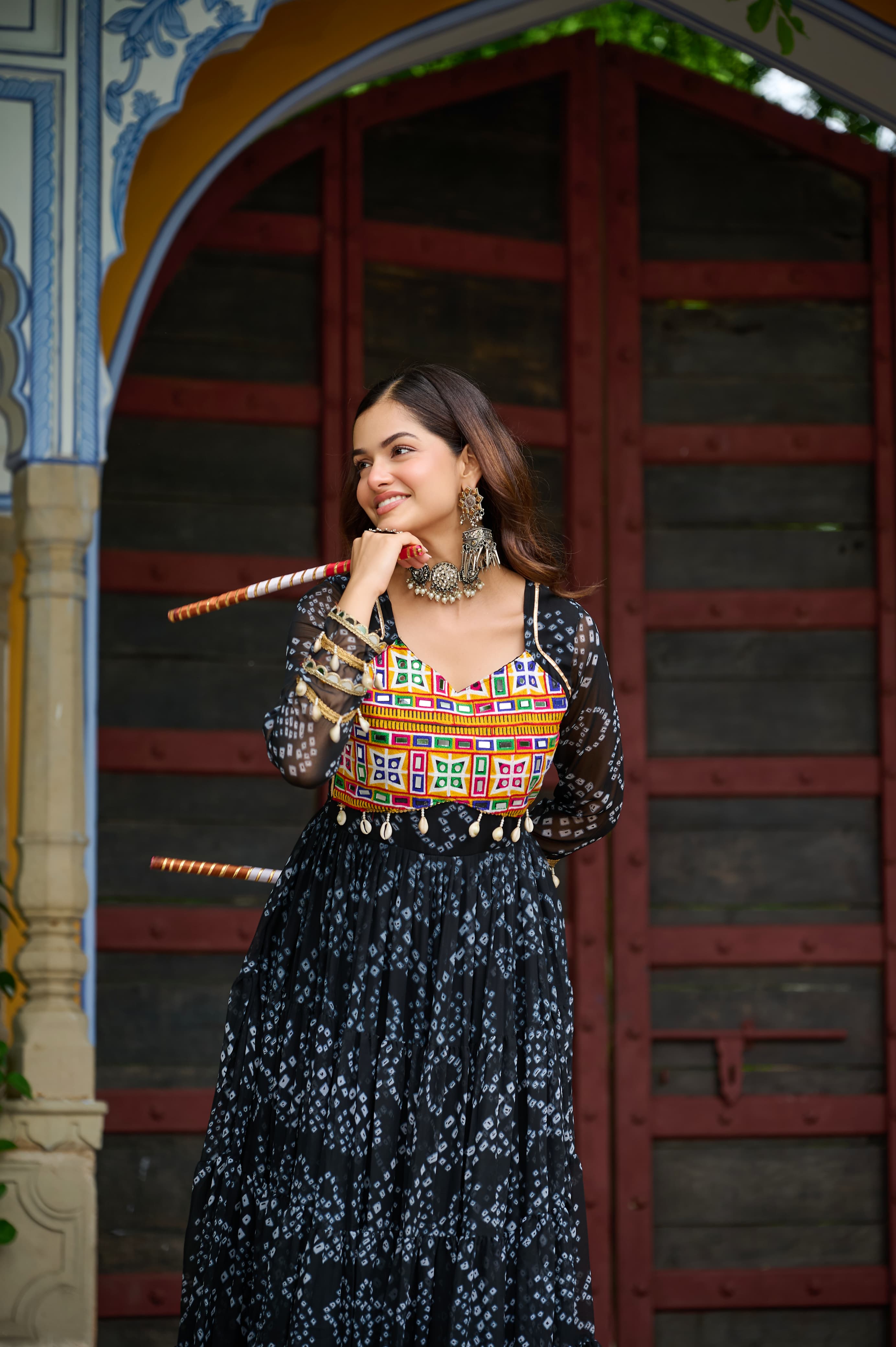 Prazu Fashion Black Georgette Bandhani Print With Kutchi Patch work Navaratri Gown