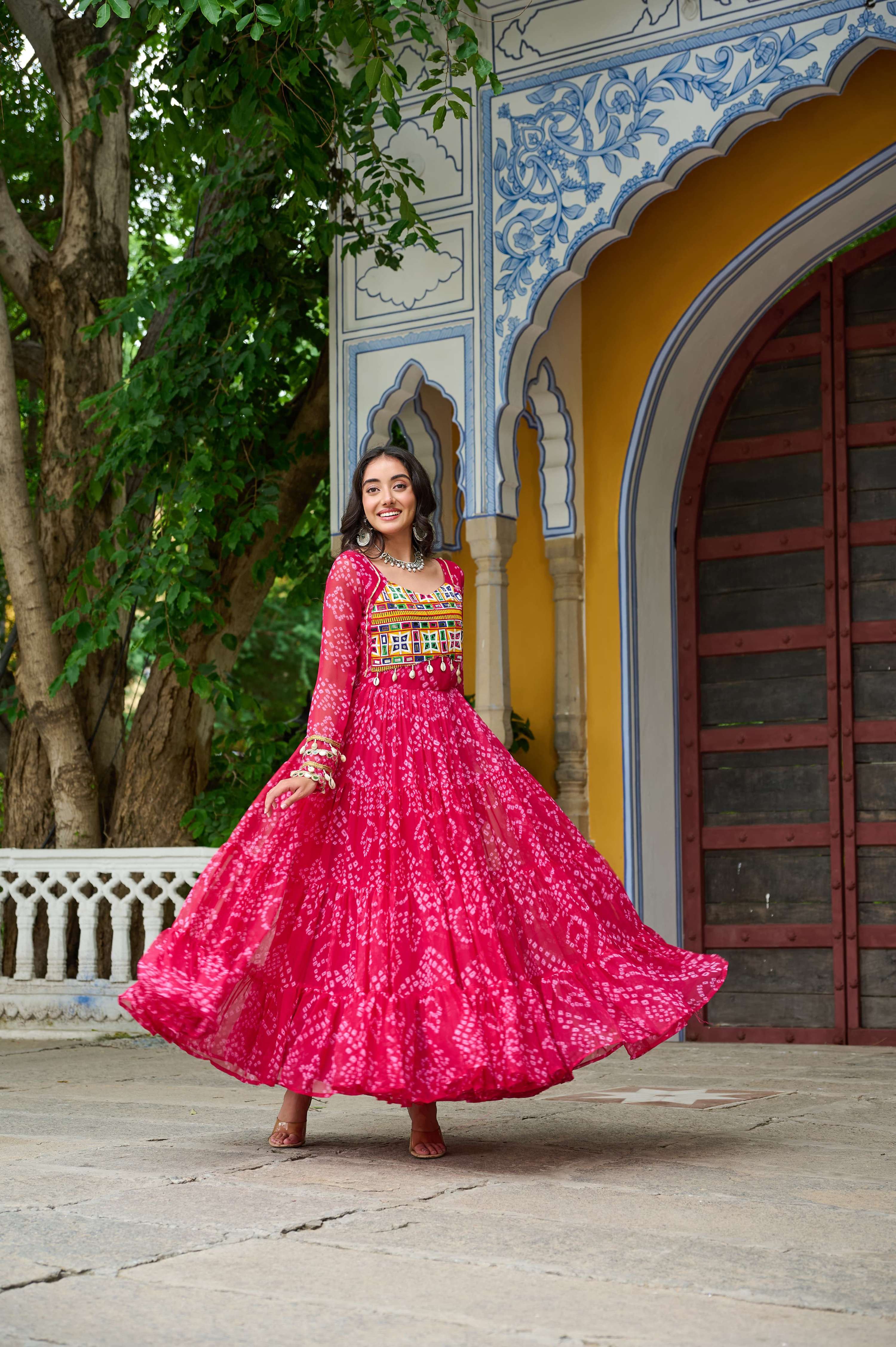 Pink Georgette Bandhani Print Gown with Kutchi Patchwork
