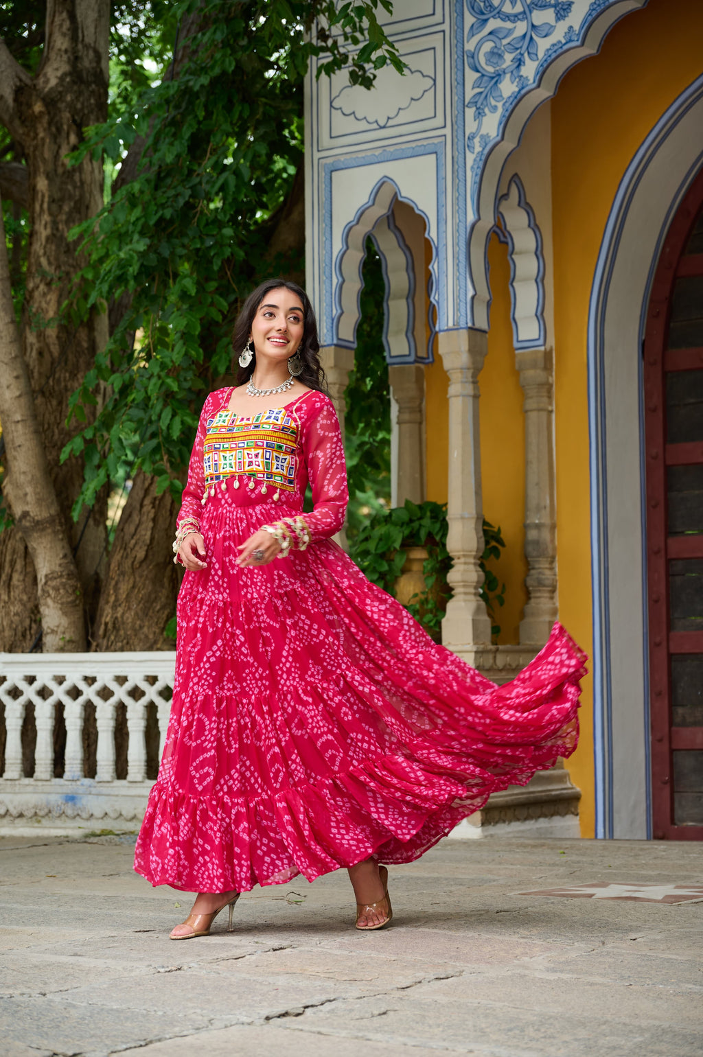 Pink Georgette Bandhani Print Gown with Kutchi Patchwork