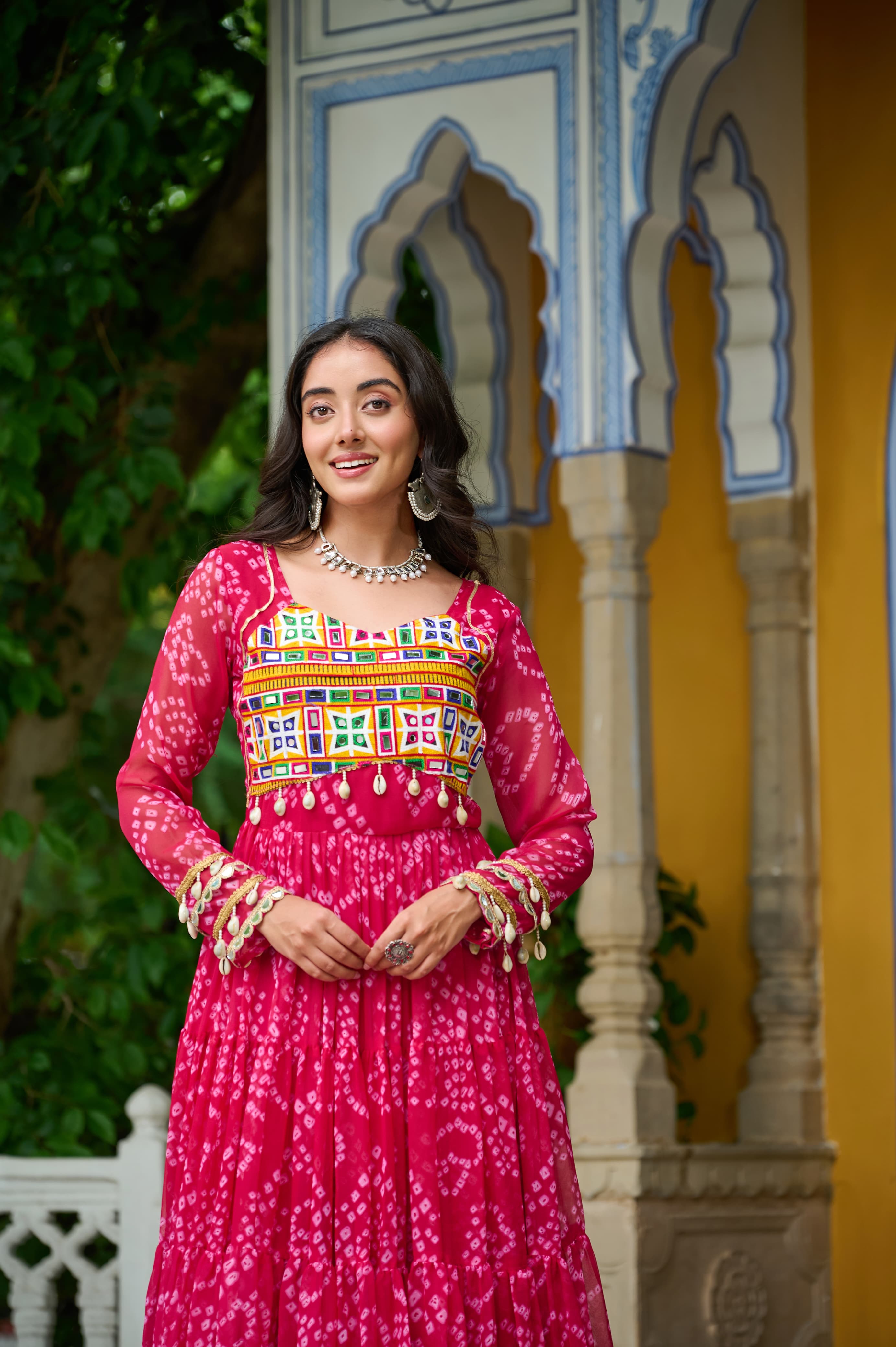 Pink Georgette Bandhani Print Gown with Kutchi Patchwork