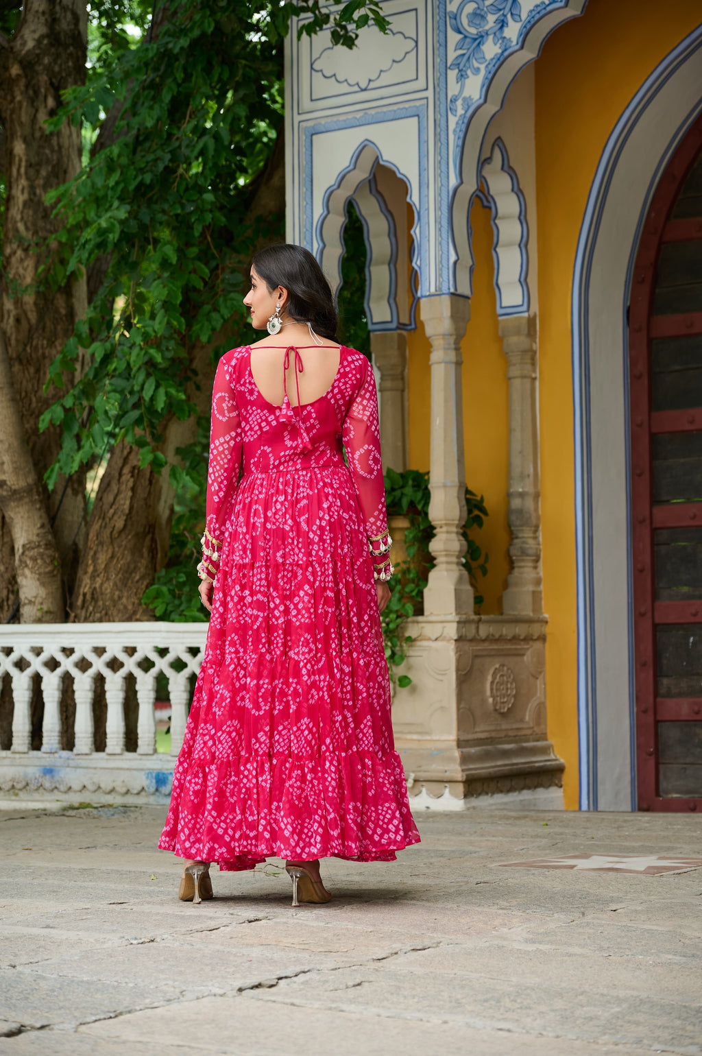 Pink Georgette Bandhani Print Gown with Kutchi Patchwork
