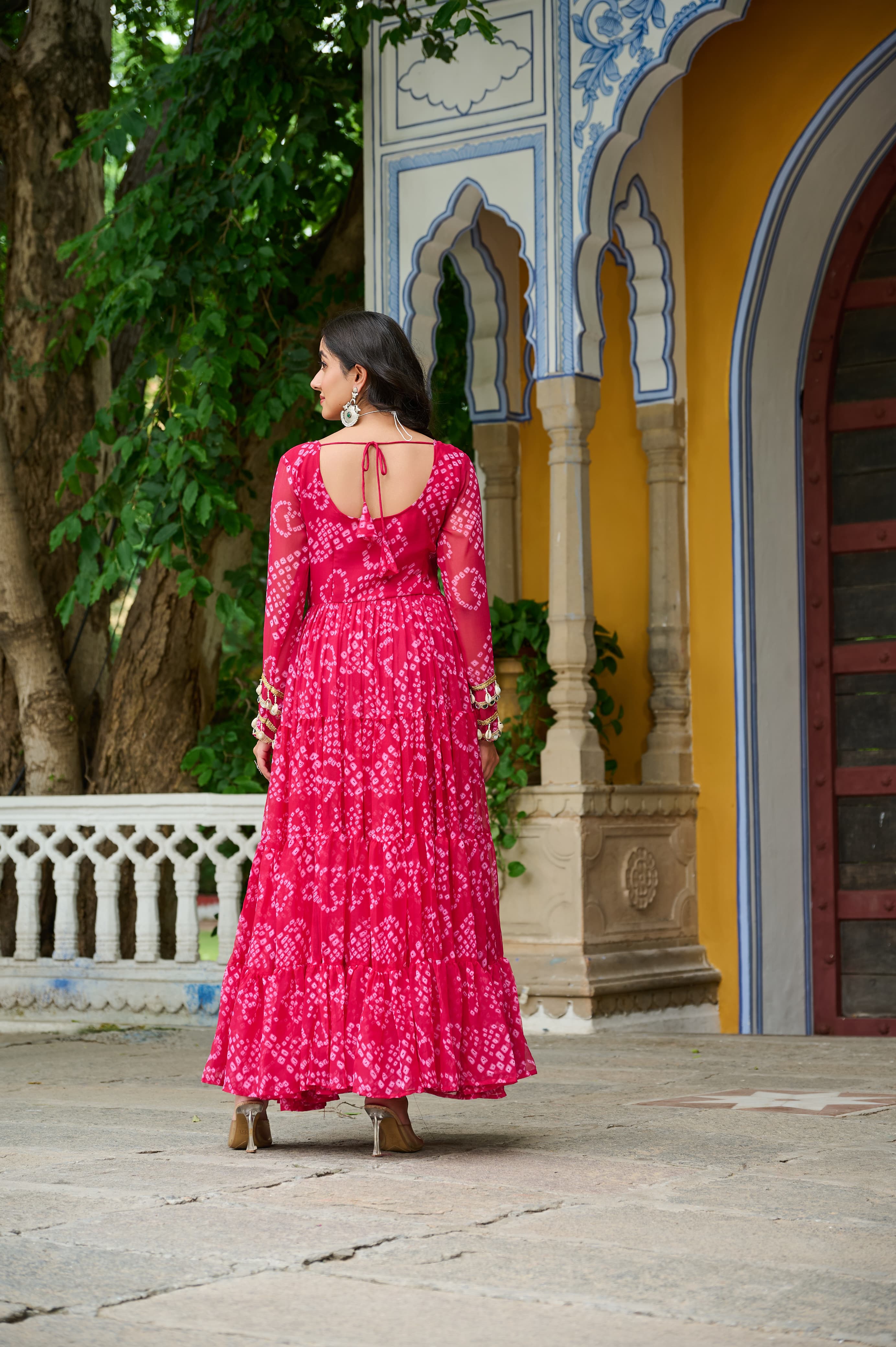 Pink Georgette Bandhani Print Gown with Kutchi Patchwork