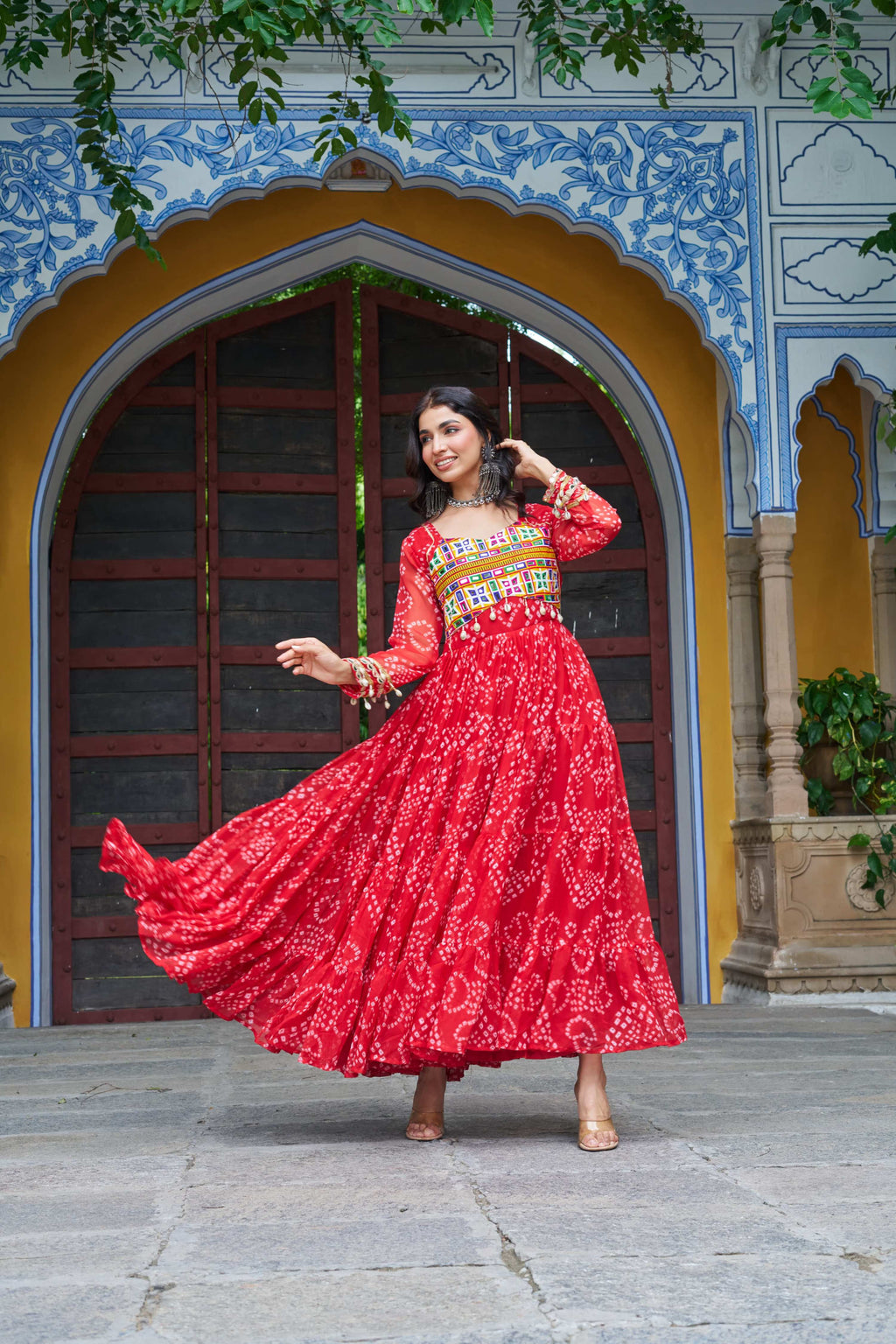 Red Georgette Bandhani Print Gown with Kutchi Patchwork