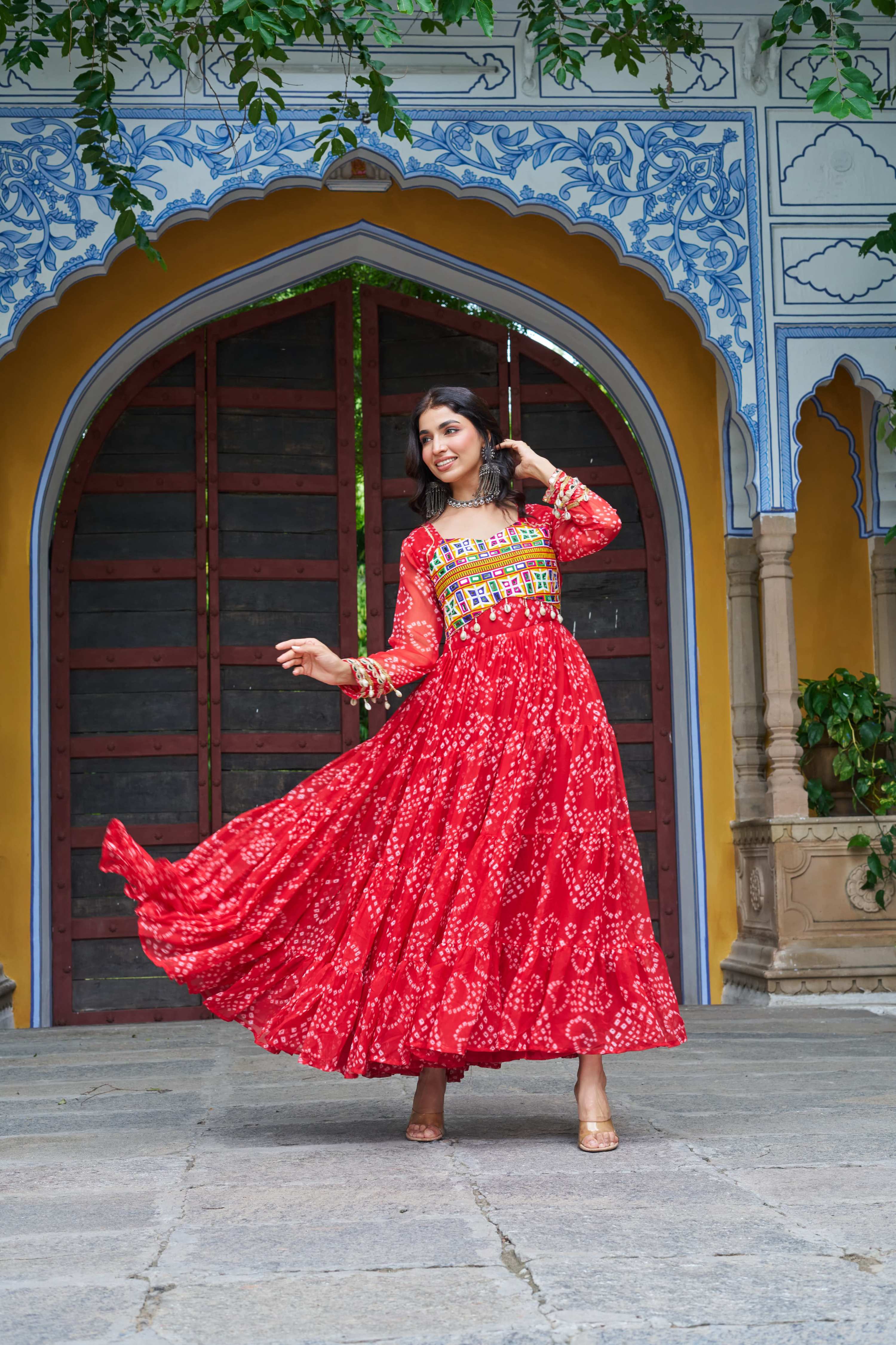 Red Georgette Bandhani Print Gown with Kutchi Patchwork