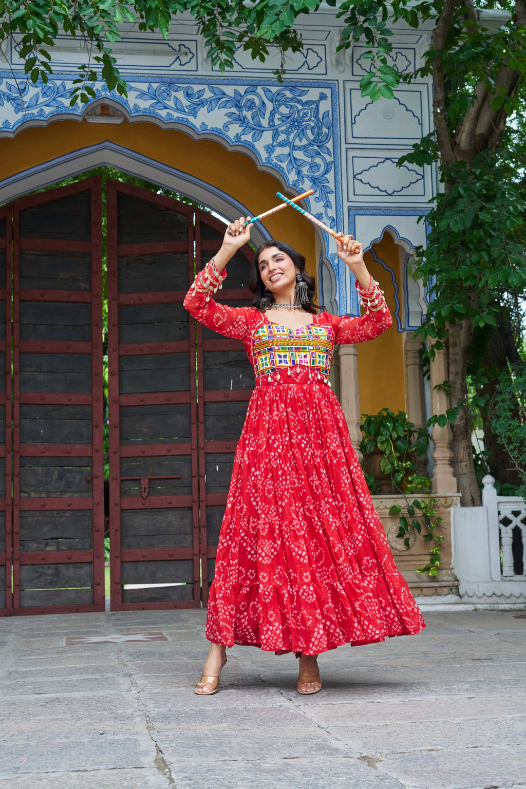 Red Georgette Bandhani Print Gown with Kutchi Patchwork